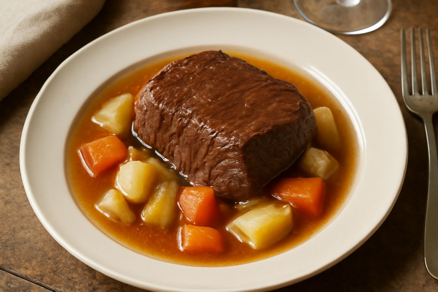 Piatto di porcellana bianca con fette di carne marrone scuro e tenera, circondate da brodo trasparente ambrato, carota e sedano bolliti sullo sfondo, pane tostato al bordo