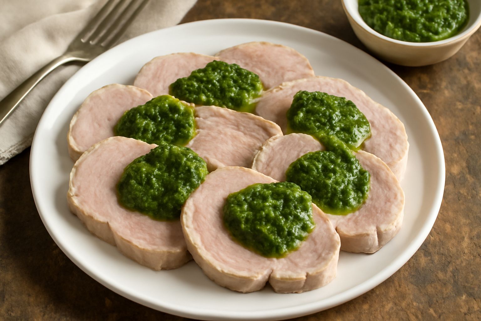 Fette di carne bovina bollita rosa e bianca su piatto bianco, salsa verde intenso con prezzemolo picco al centro, contorno di verdure bollite gialle e arancioni
