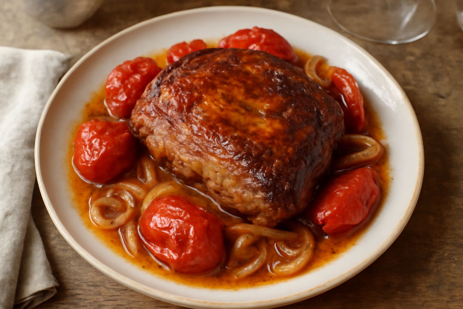 Carne ca bracia dorata e caramellata sul piatto bianco, contornata da pomodori rossi arrostiti e cipolle caramellate, vapore ancora visibile dalla superficie calda