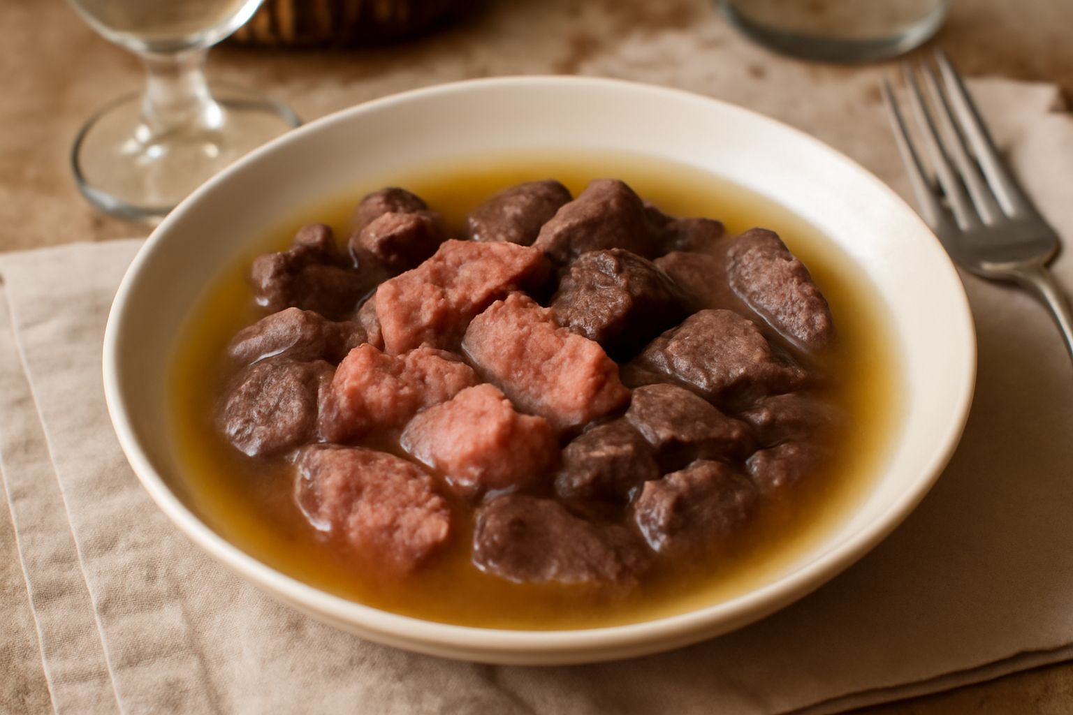 Piatto di carne ca' meusa con pezzi di carne rossa e milza scura in brodo chiaro, servito in ciotola di ceramica con pan grattato, cipolla affettata e prezzemolo fresco.