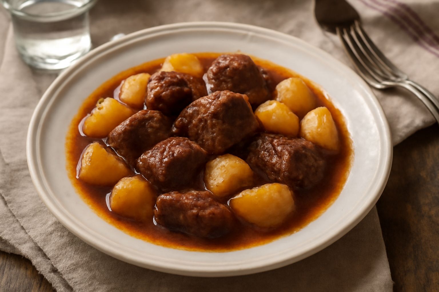 Pentola in terracotta con carne di manzo cotta, patate a pezzi dorate e brodo di cottura, guarnita con prezzemolo fresco, vapore visibile