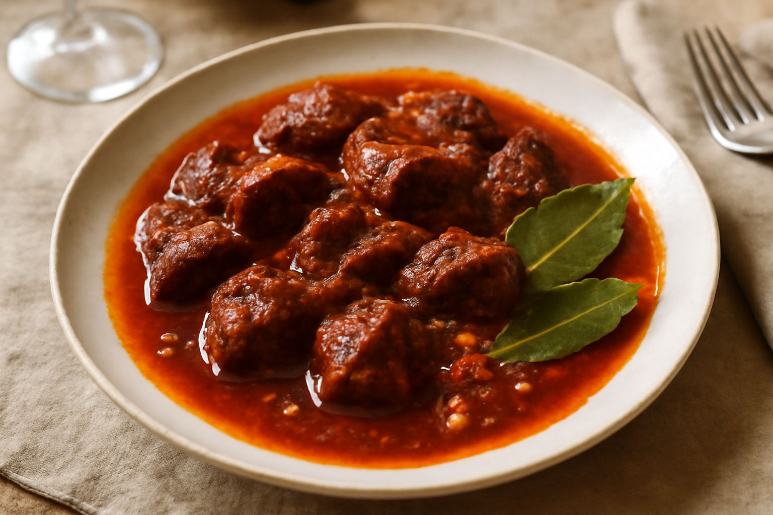 Piatto di carne ca' pummarola: bocconi di carne rossa morbida immersi in sugo di pomodoro denso e lucido, con aglio e alloro visibili, spruzzata di prezzemolo fresco, servita in piatto bianco profondo