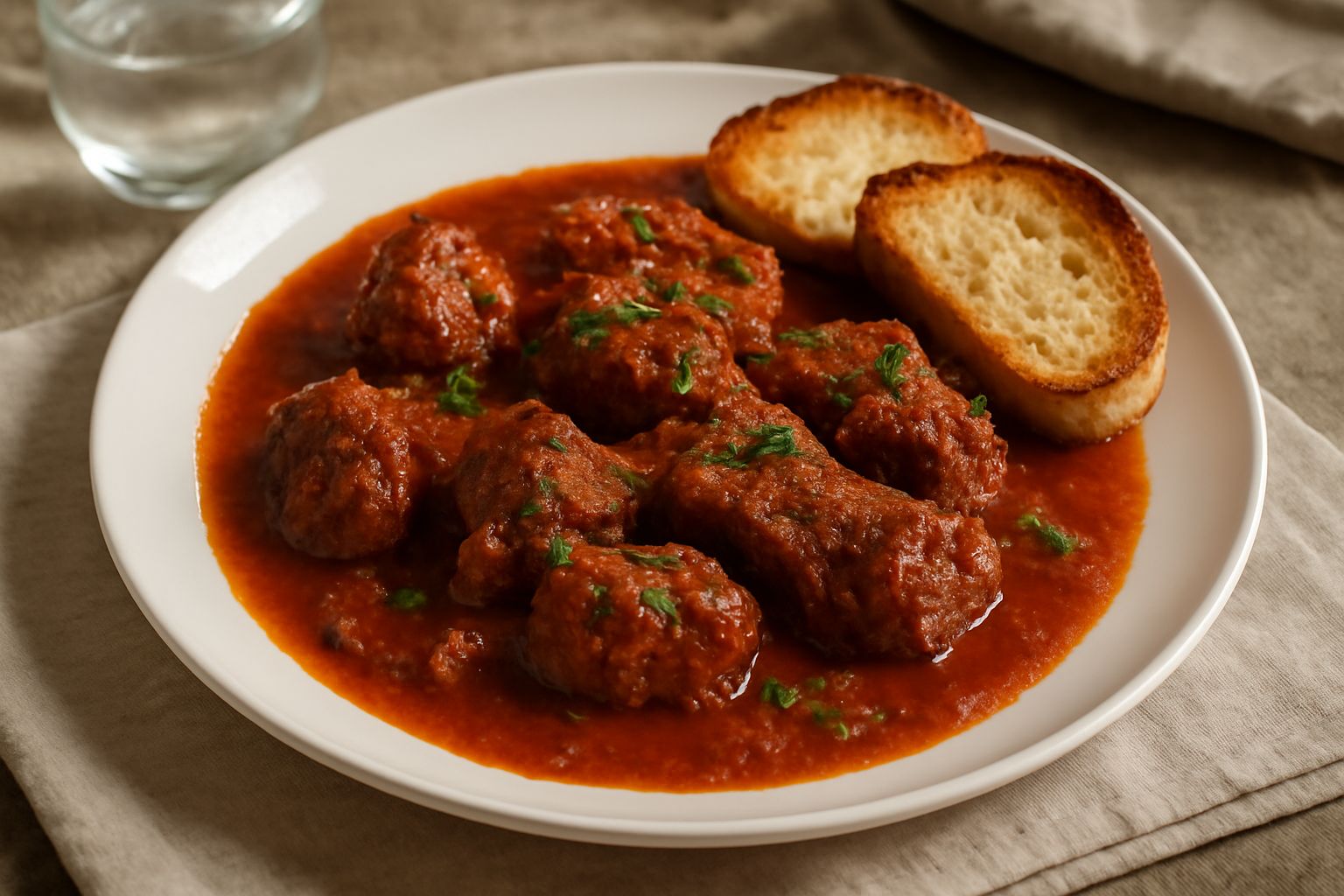 Pezzi di carne brasata rosso scuro in salsa di pomodoro densa, serviti in piatto fondo bianco, con prezzemolo fresco e pane tostato a lato