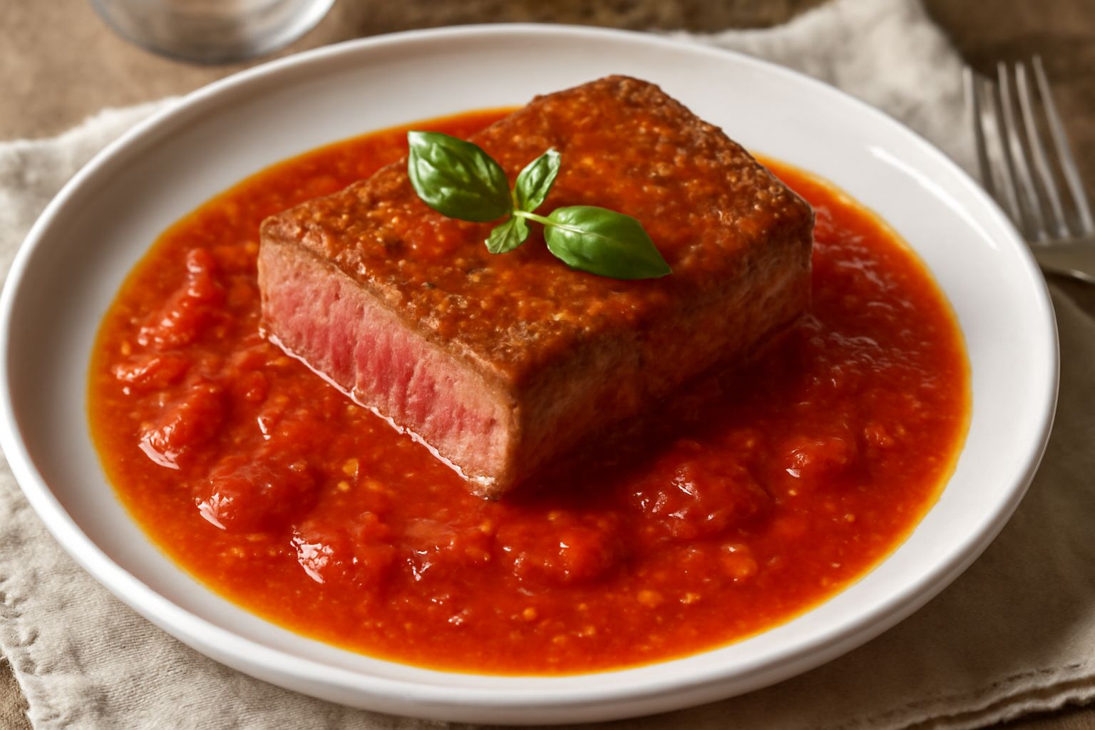 Piatto bianco con fetta di carne rossa cotta, bagnata da salsa di pomodoro rosso brillante, guarnita con prezzemolo verde fresco, su tavolo di legno chiaro