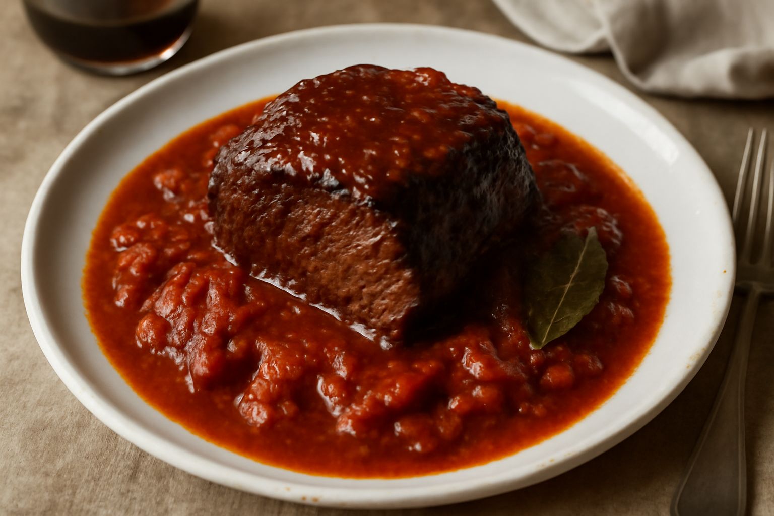 Piatto di carne ca' sucu servito in terracotta bianca con sugo pomodoro denso, carne morbida marrone scuro, cipolla gialla visibile, con pane toscano ai lati del piatto