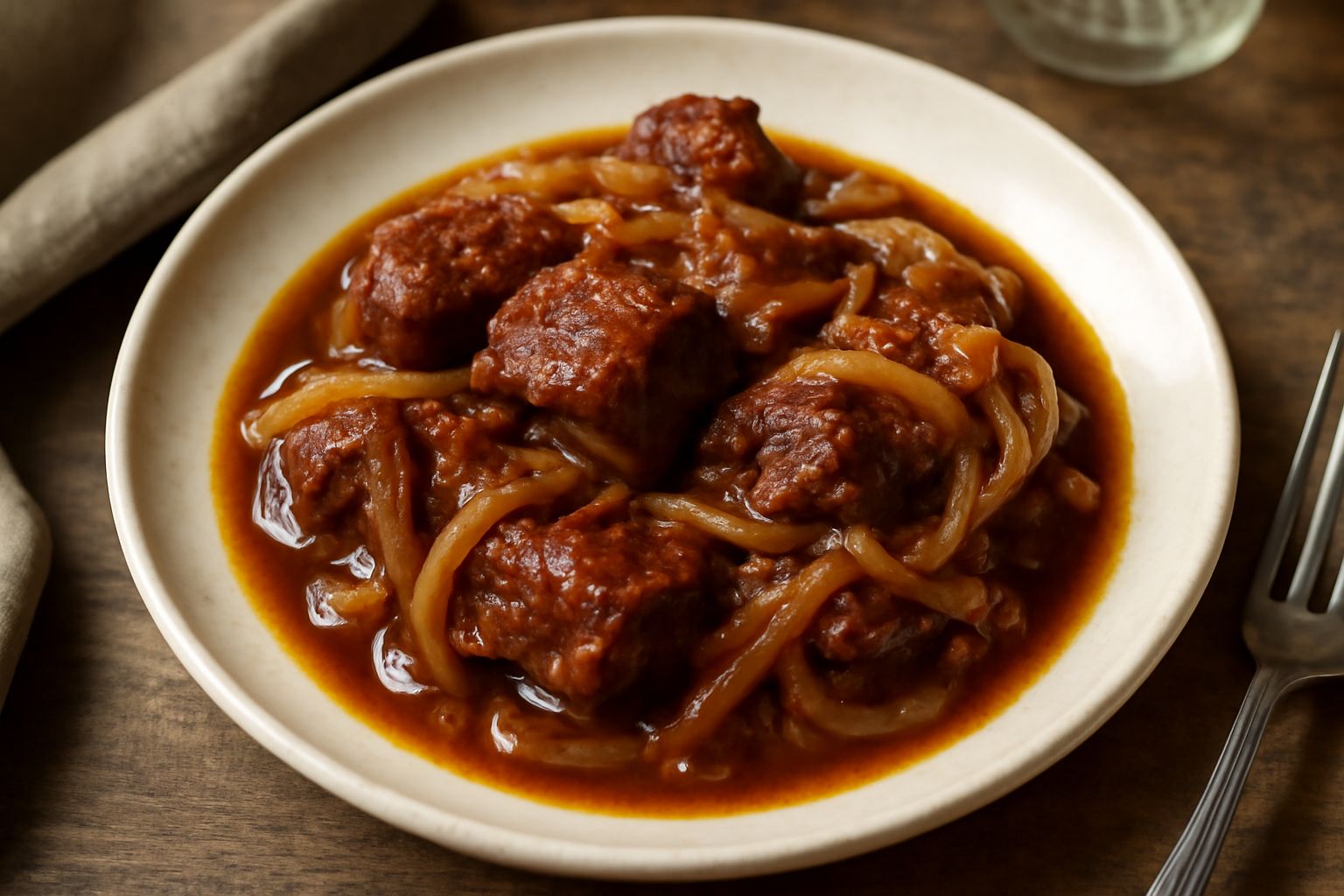 Carne dorata con cipolle trasparenti e caramellate in una padella di ghisa, contorno di prezzemolo fresco tritato, vapore caldo che sale dal piatto