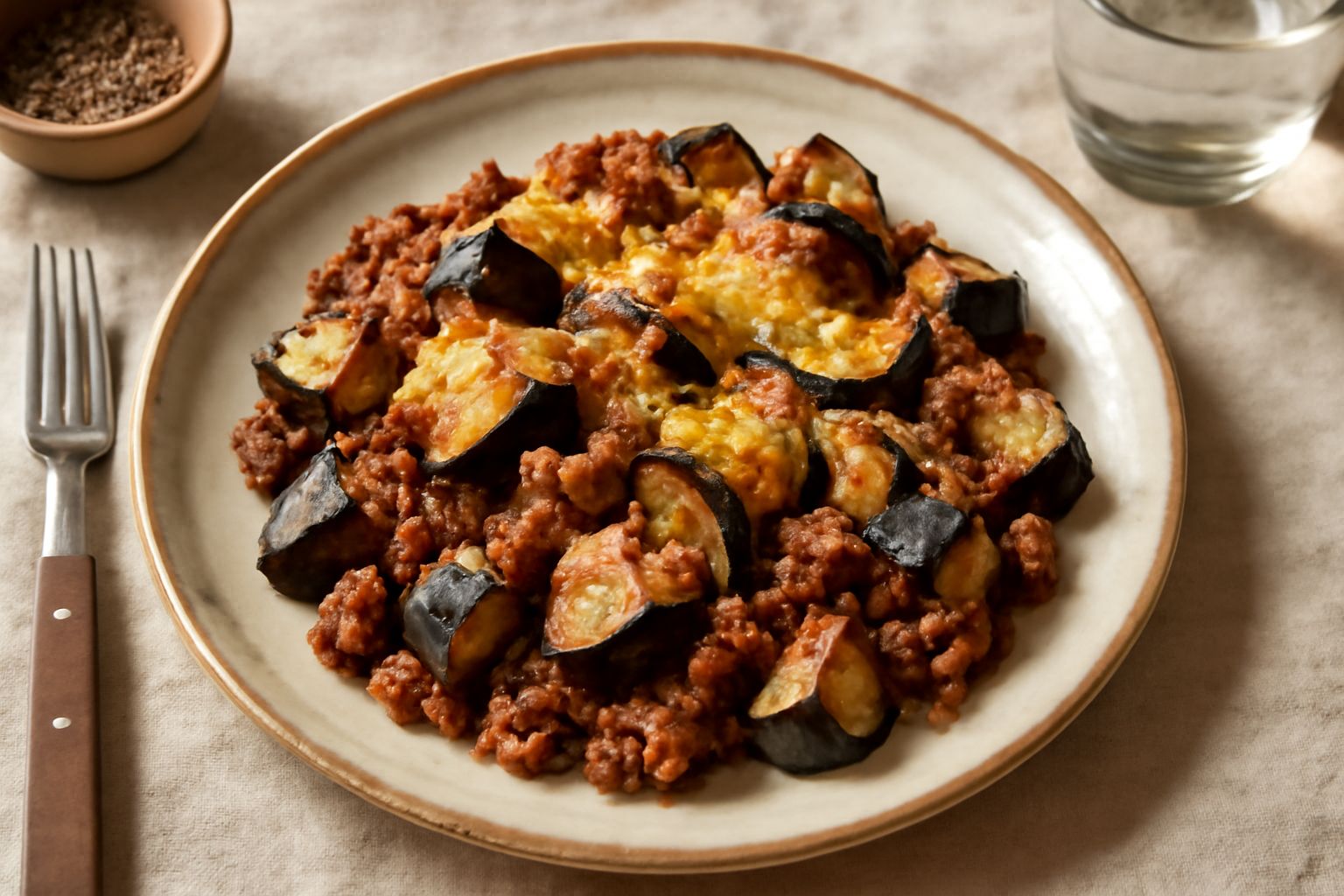Piatto di carne macinata rosso-marrone con melanzane morbide e sfumate di grigio-viola, ricoperte di formaggio gratinato dorato, servite in un piatto bianco con contorno di verdure verdi.