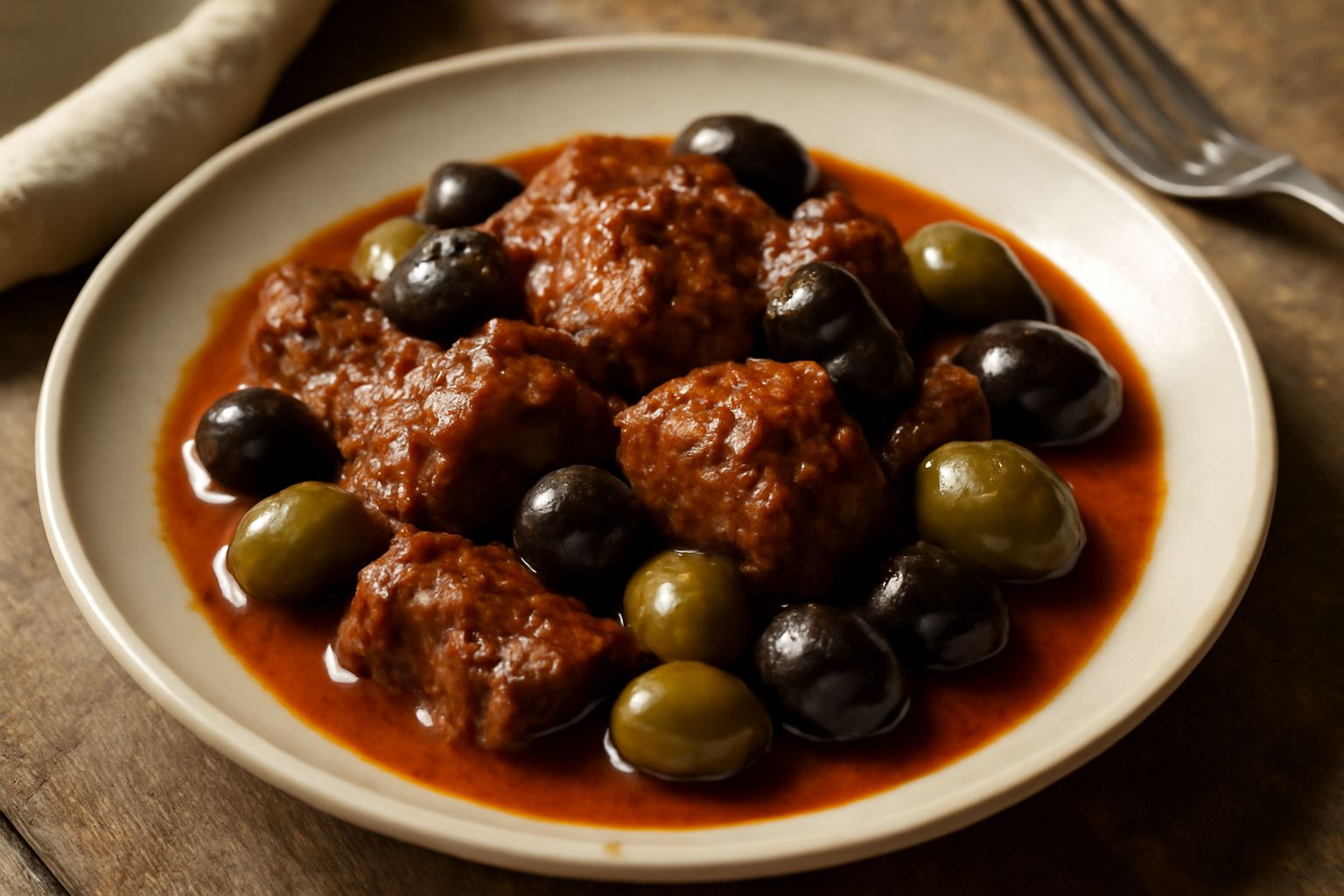 Piatto di carne marrone ramato con olive nere e verdi sparse in brodo rossiccio, garnito con prezzemolo fresco, accanto fette di pane tostato su fondo rustico bianco