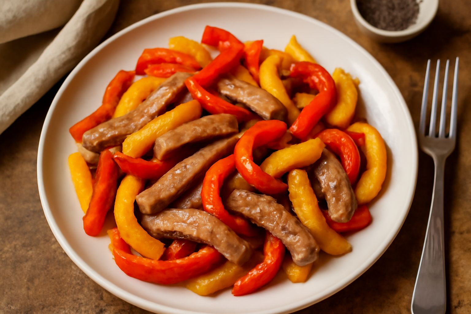 Piatto di carne con peperoni: strisce di carne rosata e peperoni rossi, gialli e arancioni saltati in padella, conditi con olio e prezzemolo fresco, servito su fondo bianco