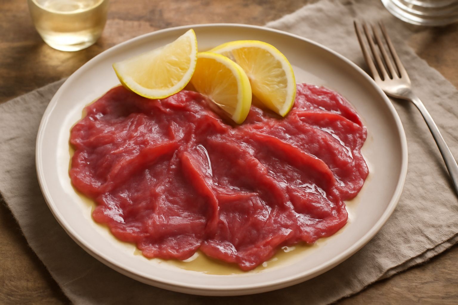 Fettine sottilissime di carne rossa cruda disposte a ventaglio nel piatto, spruzzate di succo di limone fresco, condite con olio extra vergine e sale, con scorza di limone grattugiata e pepe nero maci