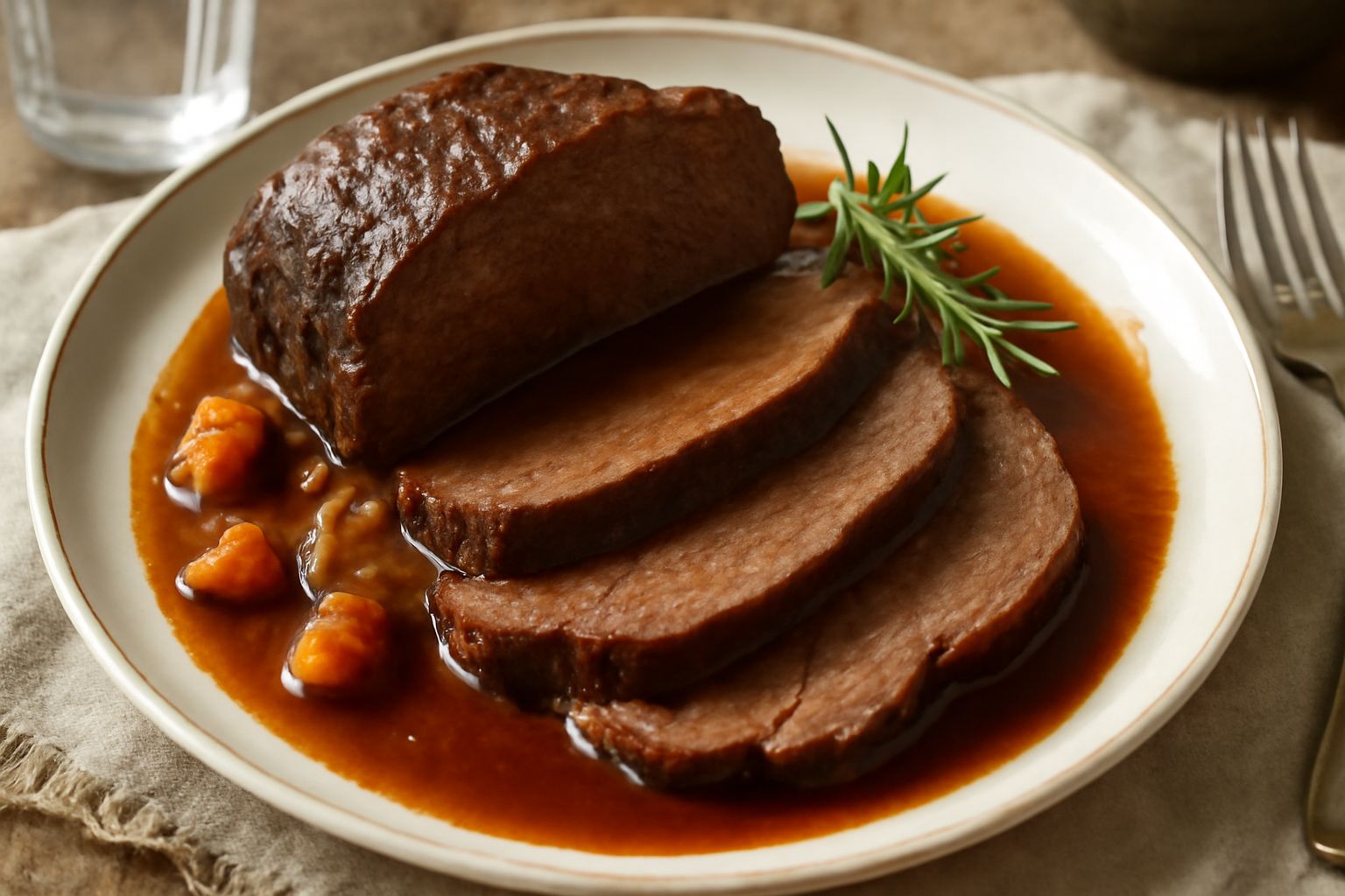 Fette di brasato rosso intenso affettate su un piatto bianco, accompagnate da salsa scura del vino, con verdure cotte a lato e prezzemolo fresco sopra