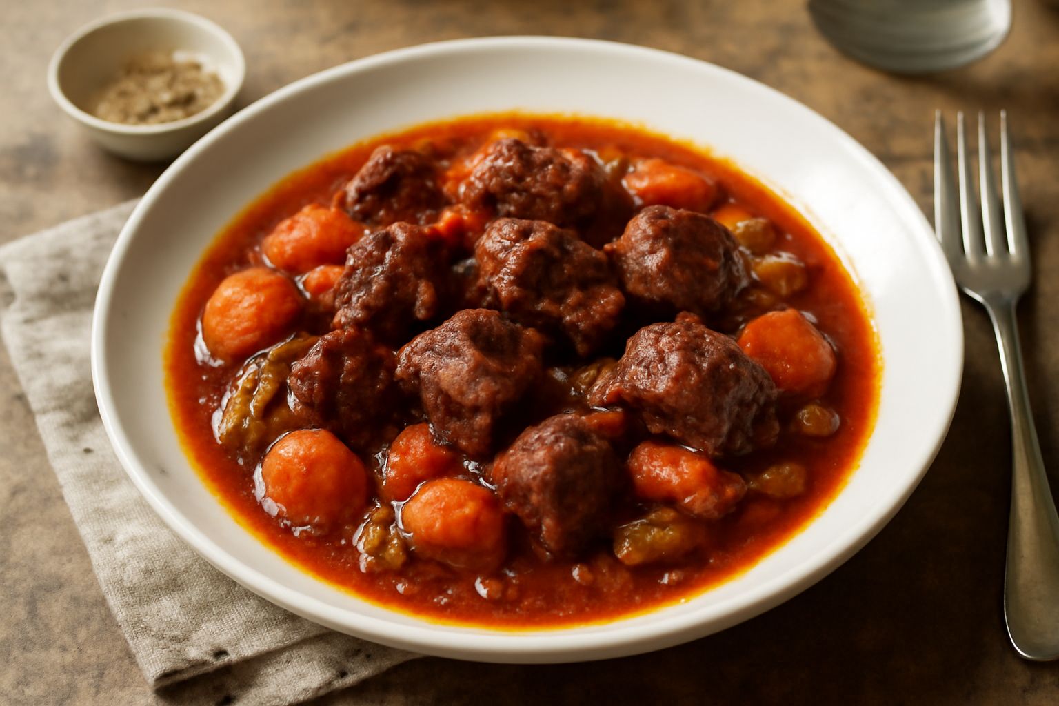 Carne di cavallo in umido servita in un piatto fondo bianco, con bocconi di carne tenera rosso scuro in un sugo denso di pomodoro, circondati da carote, sedano e cipolla morbidi. Guarnito con prezzemo