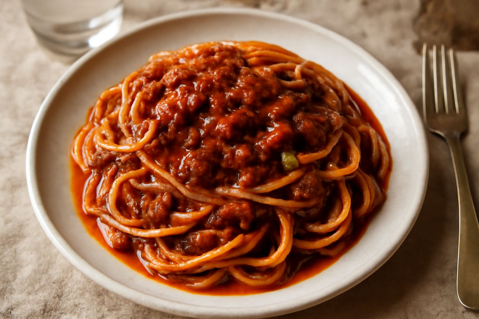 Piatto di pasta fresca con ragù di carne di cavallo di colore rosso scuro e cremoso, spolverato di parmigiano grattugiato bianco, su piatto bianco
