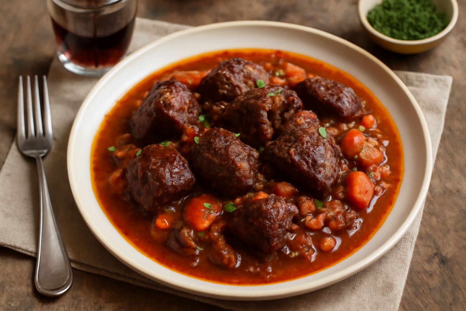Carne di cavallo scura e tenera in umido, impiattata in una ciotola bianca con salsa scura e ricca, accompagnata da carote arancioni e sedano, con prezzemolo verde fresco spolverato sopra