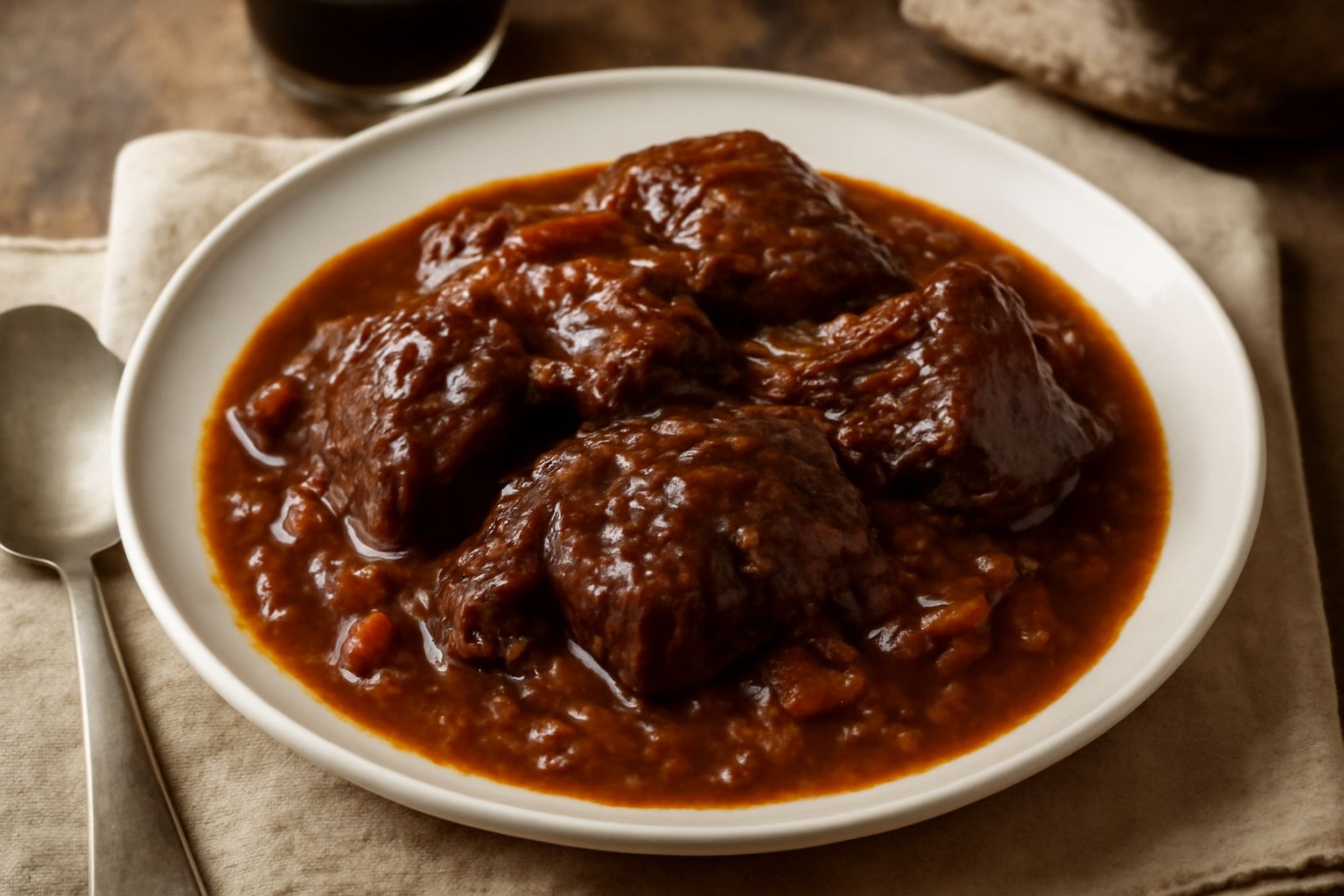 Piatto di carne di cavallo stracotta marrone scuro e succosa, circondata da cipolla caramellata e carota morbida, dentro un brodo ricco, servita in piatto fondo bianco con cucchiaio di legno sullo sfo