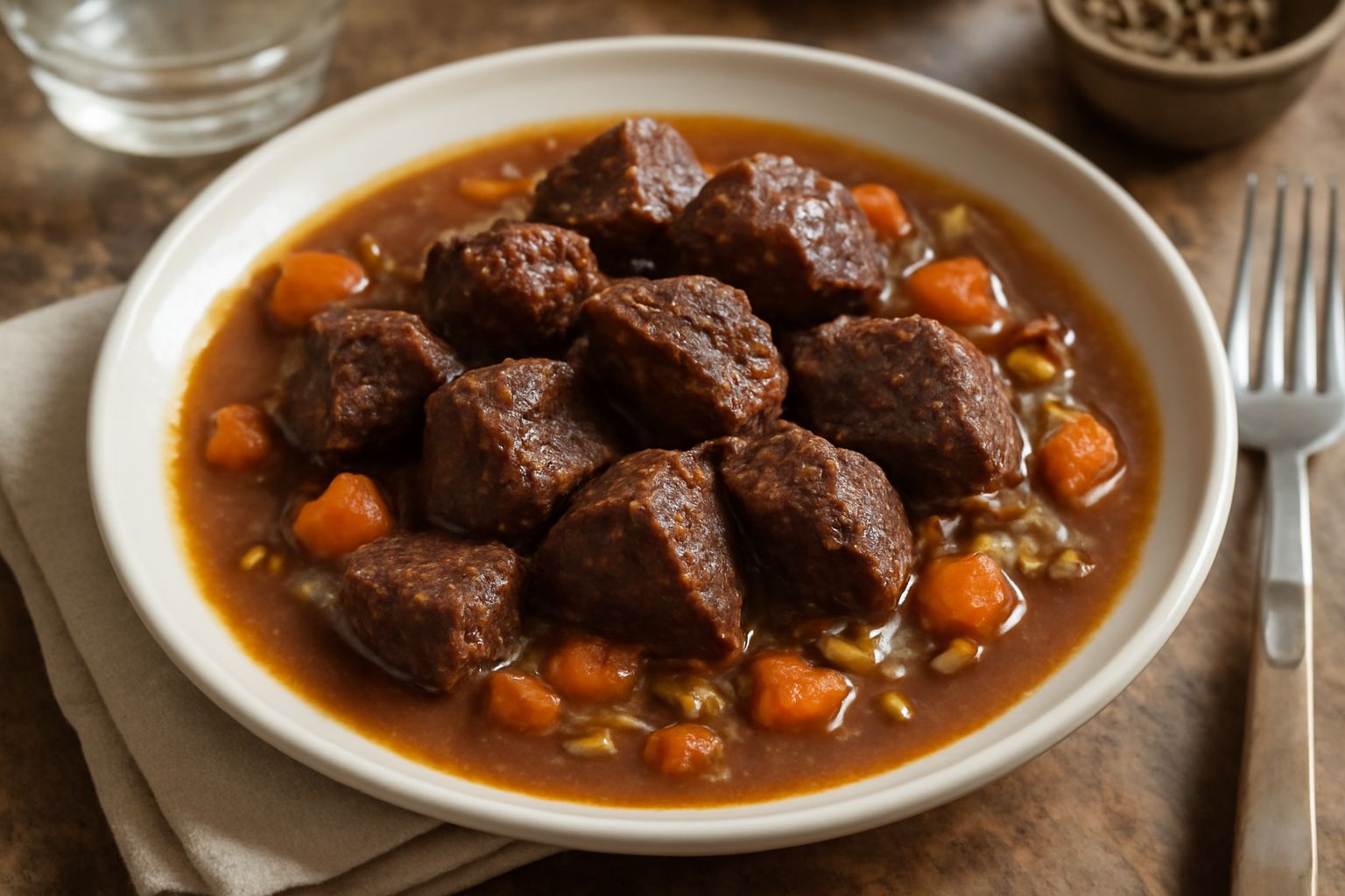 Carne di cervo in umido in una ciotola di ceramica bianca, circondato da brodo marrone scuro, con carote tagliate, cipolla e rosmarino visibile, servito su un piatto di legno scuro con un cucchiaio di