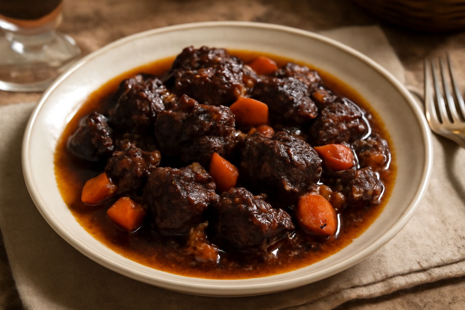 Piatto bianco con carne di cinghiale in umido marrone scuro, pezzi morbidi immersi in sugo, carote arancioni e sedano in superficie, vapore leggero, contorno di polenta gialla cremosa