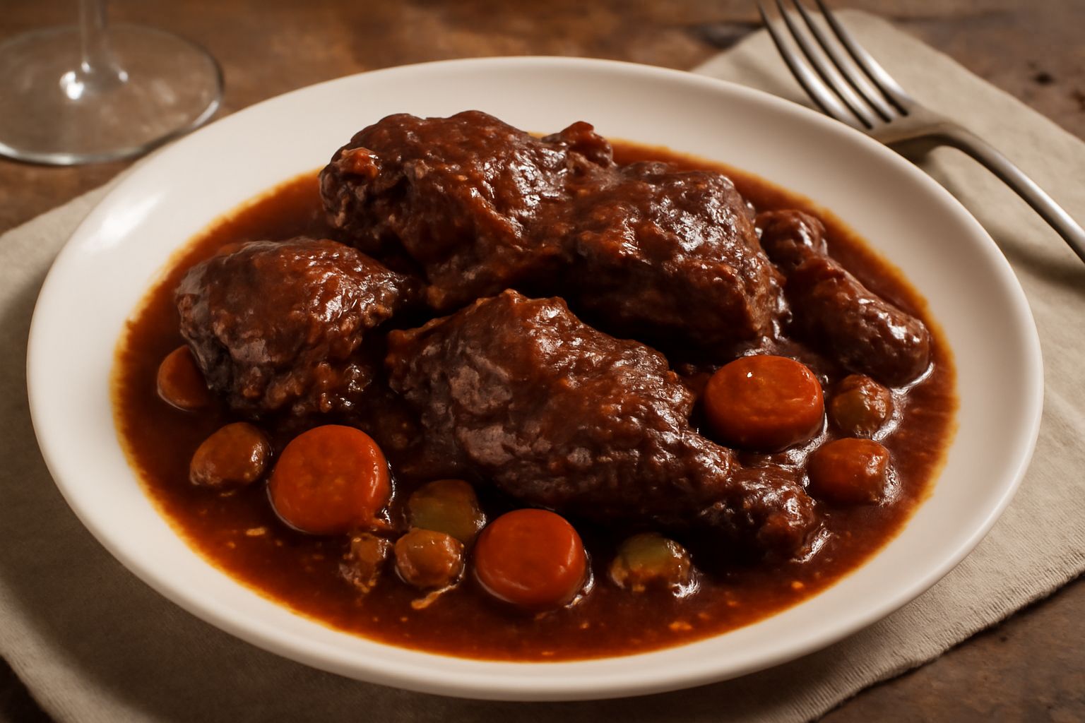 Piatto di ceramica bianca con lepre in umido: pezzi di carne brunita in sugo rosso scuro, circondati da verdure morbide, carote a rondelle e sedano, con salsa lucida che riveste ogni boccone