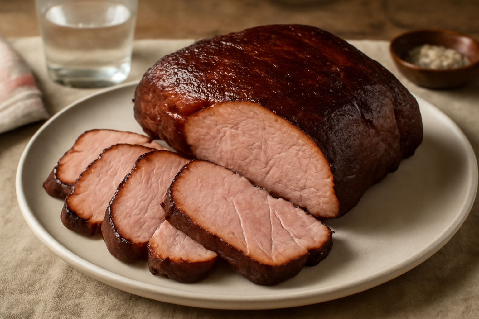 Fetta di carne di maiale affumicata color marrone ramato, superficie lucida e leggermente caramellata dal fumo, servita su un piatto bianco con contorno di verdure grigliate