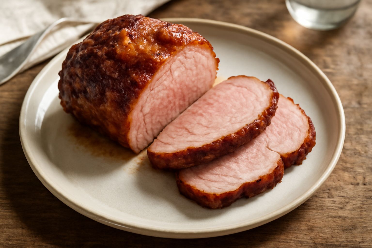 Arrosto di maiale rosato al centro, crosta dorata in superficie, riposato su un tagliere di legno con rosmarino e aglio attorno, vapore ancora visibile. Contorno di verdure caramellate nel piatto