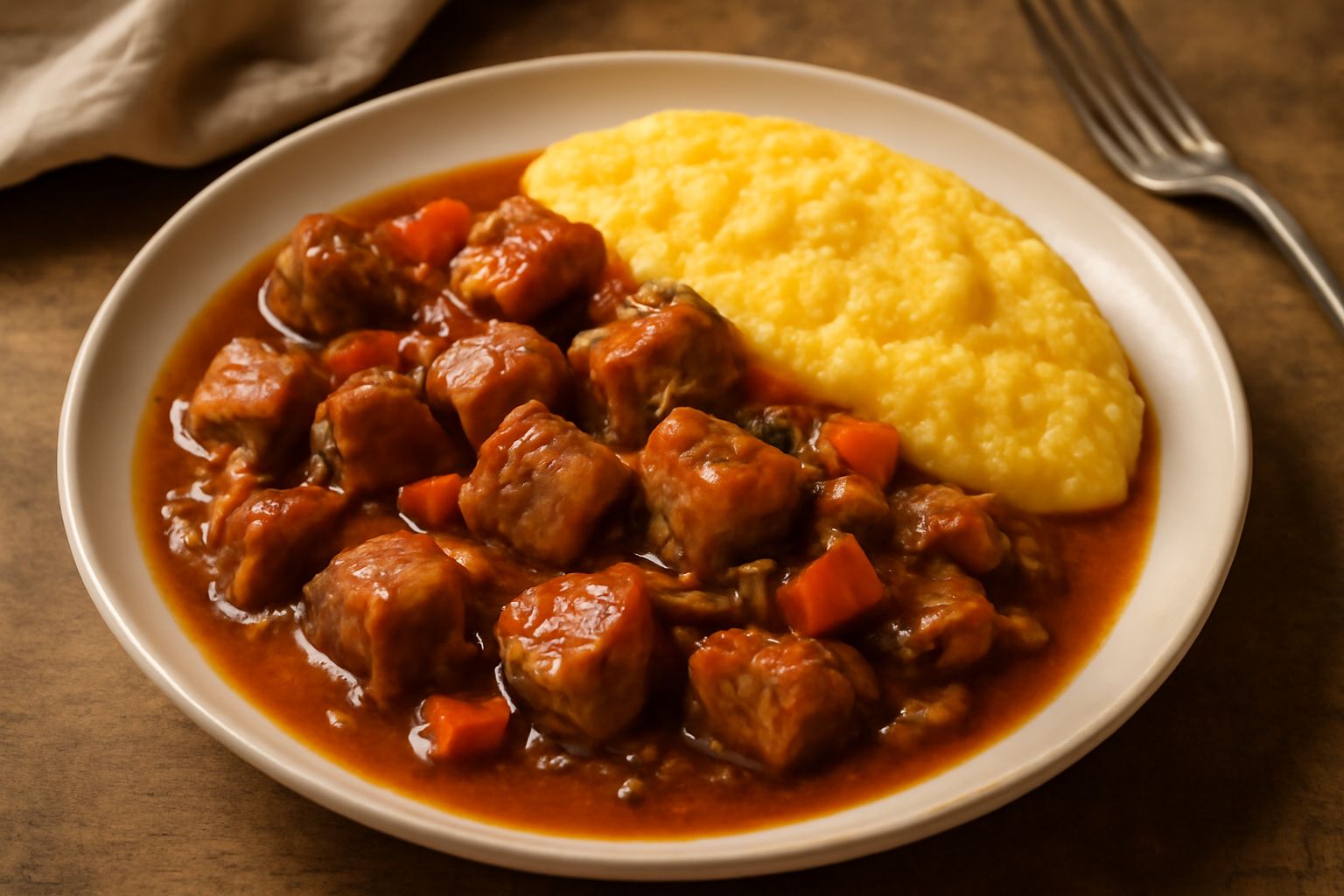 Carne di maiale in umido con cubetti dorati e teneri in un sugo marrone ricco, circondati da carote, sedano e cipolle caramellate in un piatto di ceramica bianca con contorno di polenta o patate