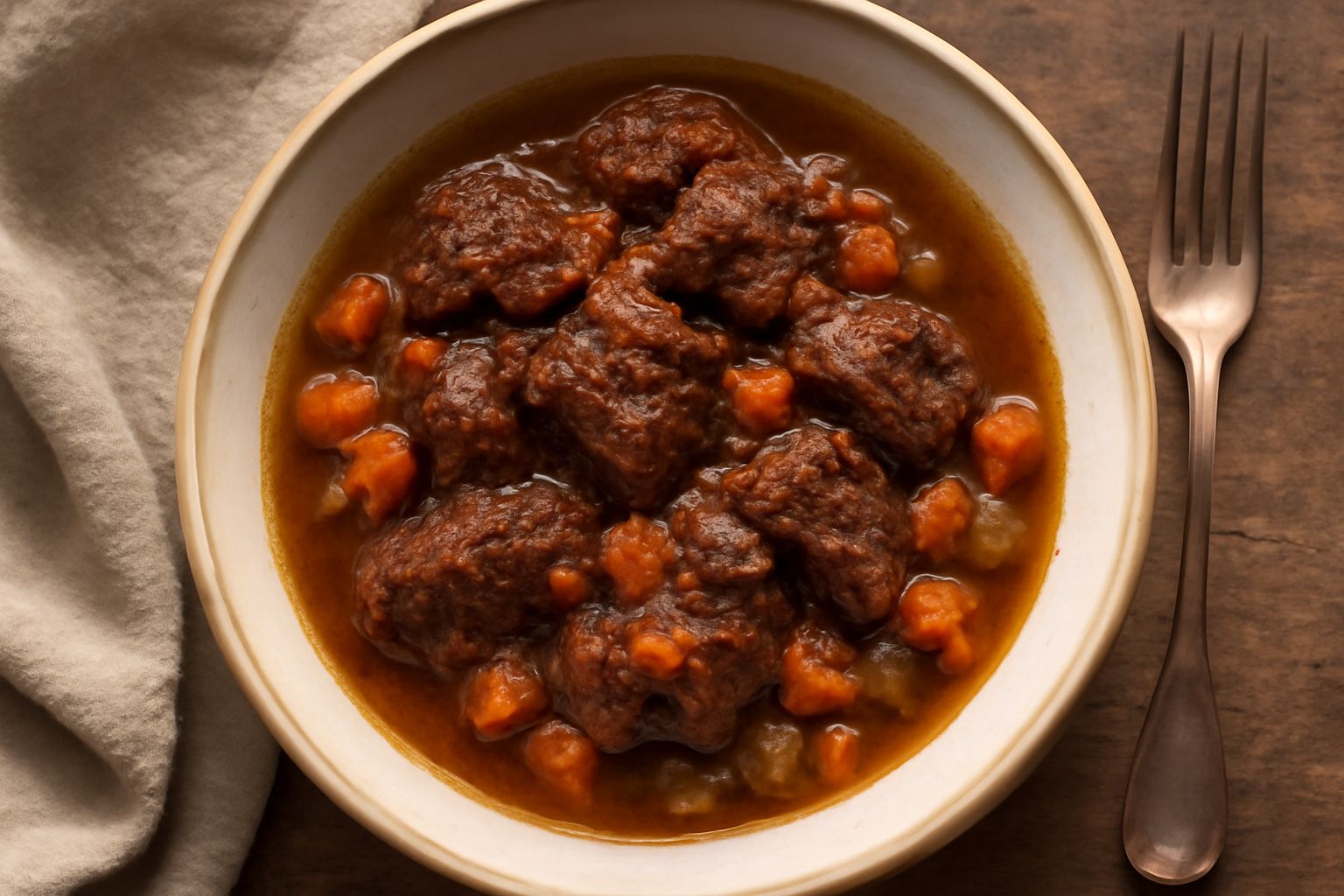 Piatto di ceramica con carne di pecora scura e tenera in umido, bagnata in brodo ricco, contornata da dadini di carota arancione e cipolla dorata, sedano verde in fondo, vapore visibile, pane toscano 