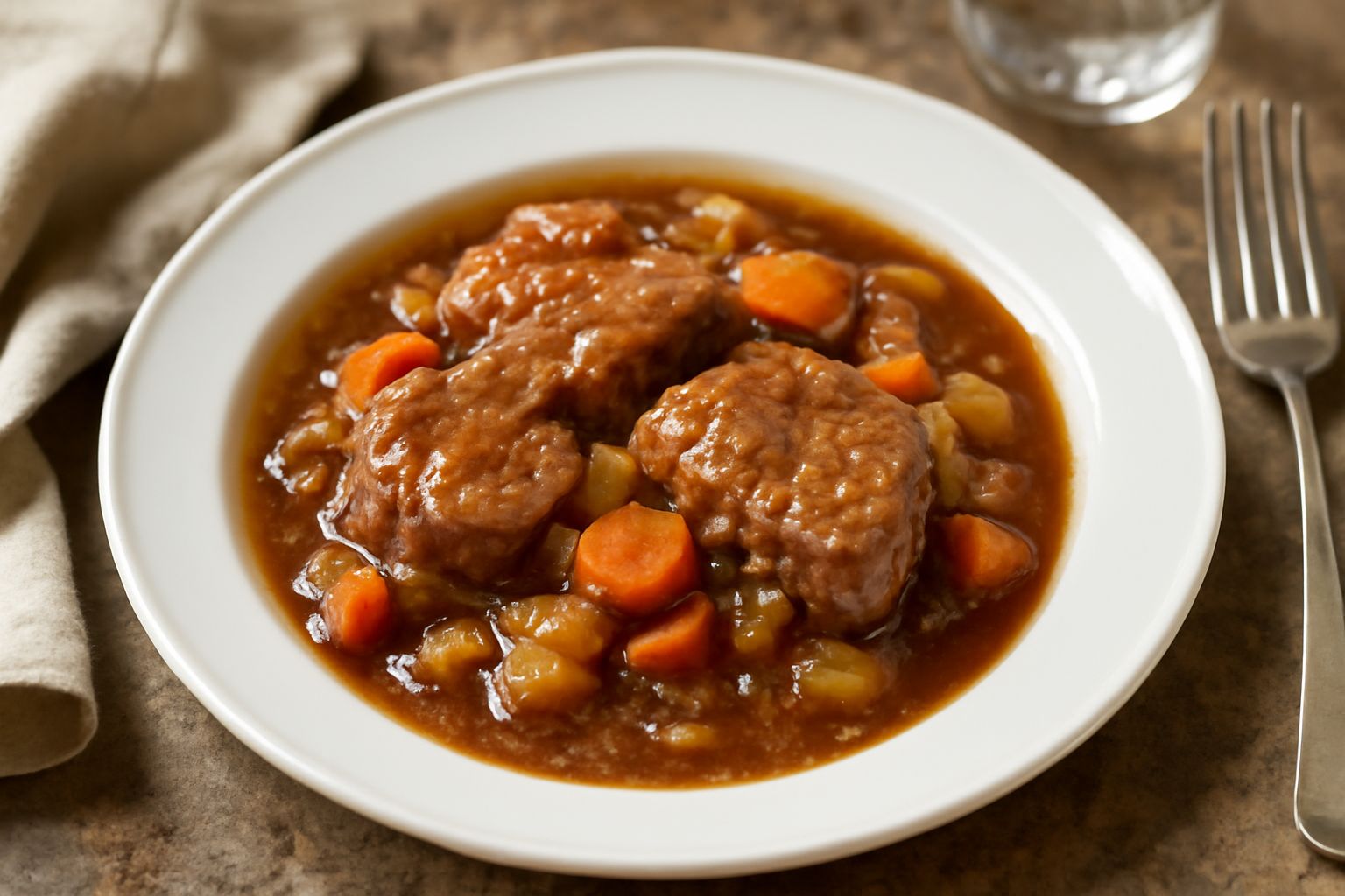 Piatto fondo con carne di vitello in umido, pezzi rotondi rosati immersi in salsa marrone scura, cipolle dorate e sedano morbido, spolverato di prezzemolo fresco, con cucchiaio d'argento sul bordo