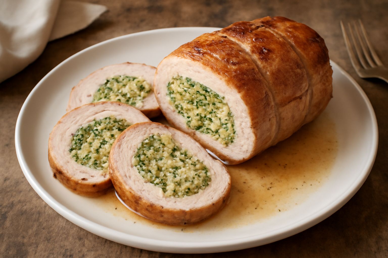 Rotolo di carne di vitello ripiena affettato, che mostra il ripieno interno di verdure e pane grattugiato, dorato in superficie, circondato da verdure grigliate e un contorno di patate