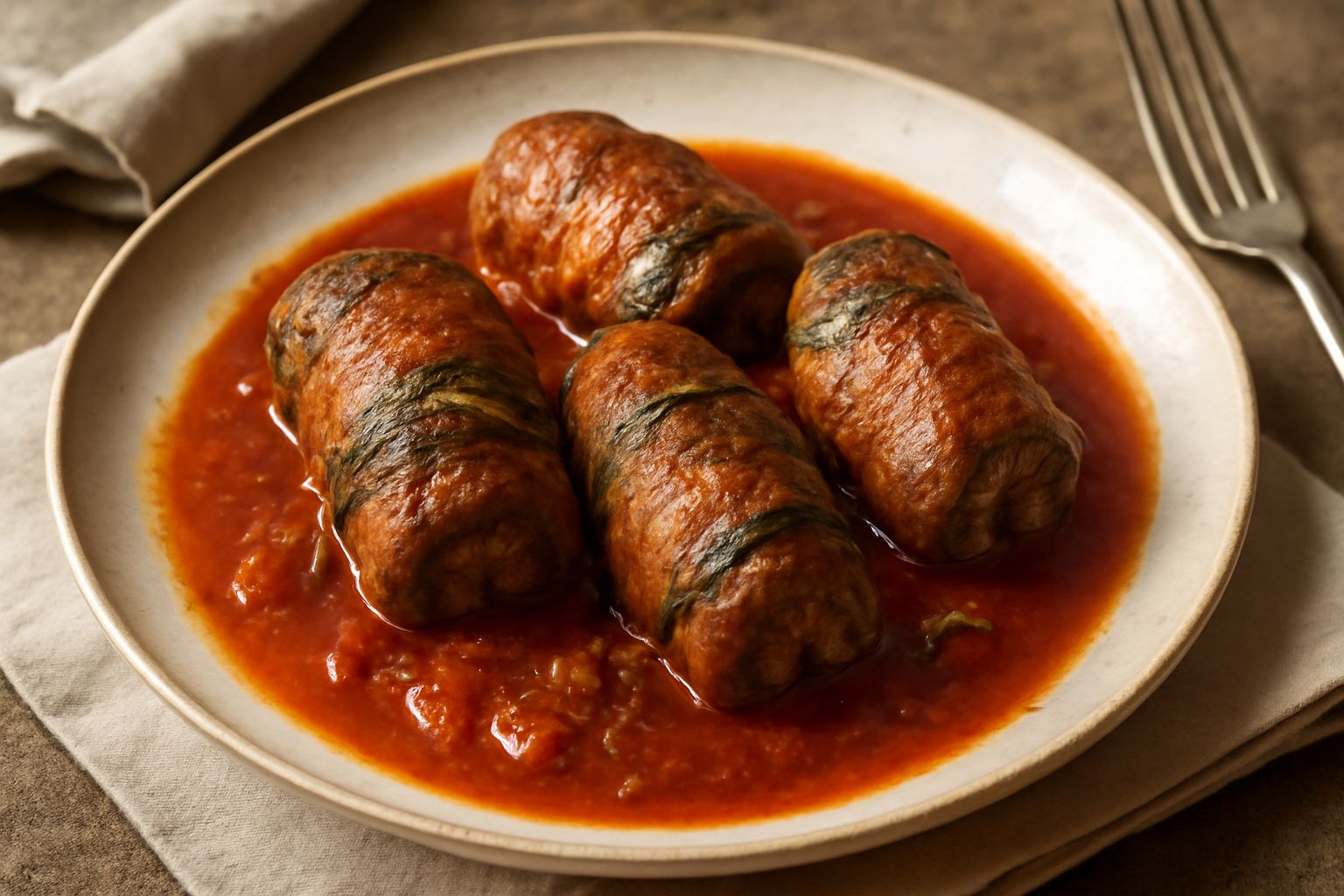 Involtini di carne d'uccellu disposti nel piatto bianco, ricoperti di sugo rosso di pomodoro, con foglie di alloro e rosmarino fresco visibili sulla superficie, contorno di sugo che scivola ai bordi