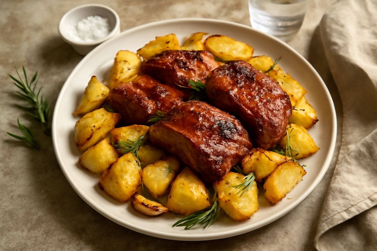 Teglia rettangolare con pezzi di carne rossa dorata circondata da patate tagliate a spicchi color nocciola, condite con rosmarino e aglio, vapore ancora visibile