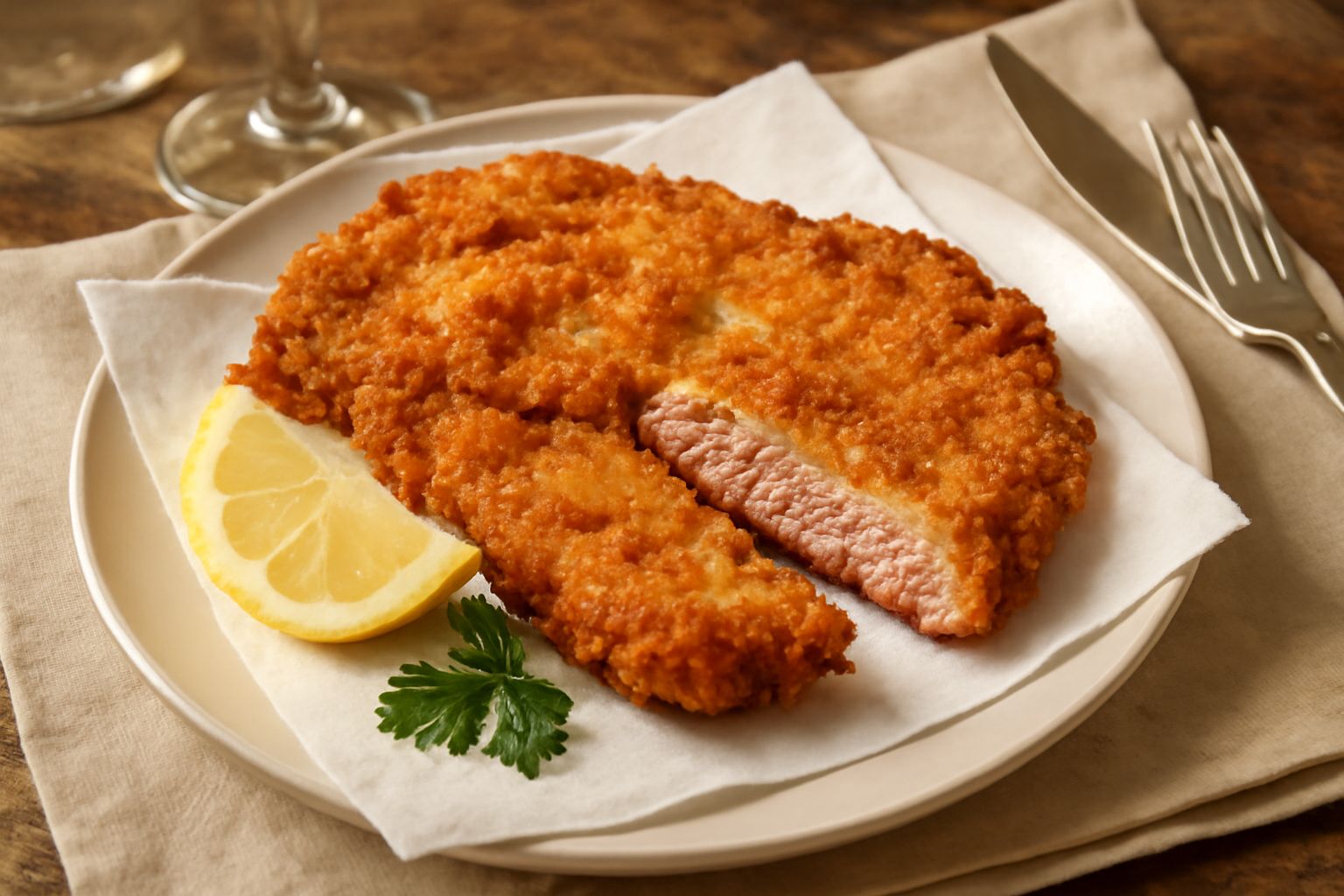 Pezzi di carne fritta dorata e croccante disposti su carta assorbente bianca, con contorno di limone fresco tagliato a spicchi e prezzemolo verde