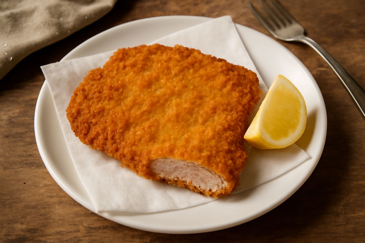 Fette di carne fritta panata dorate e croccanti, impilate su un piatto bianco con limone affettato e prezzemolo fresco, contorno sfocato di salsa maionese