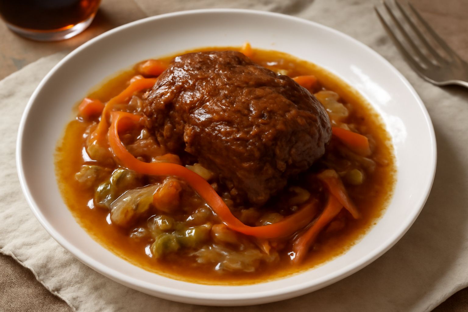 Carne marrone scura in umido in una pentola di terracotta con brodo ristretto, fettucce di carote arancioni e piselli verdi, cipolla morbida, decorata con prezzemolo fresco