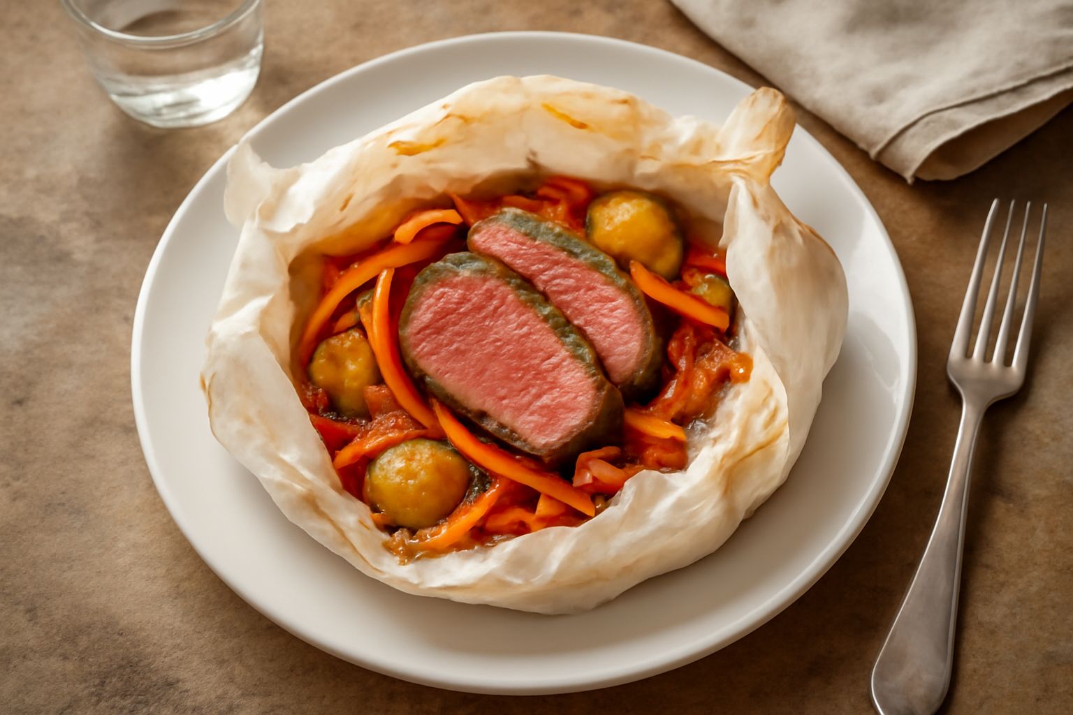 Cartoccio di carta forno appena aperto su un piatto bianco, con fettine di carne rosa e verdure multicolori, vapore ancora visibile, spolverata di erbe fresche