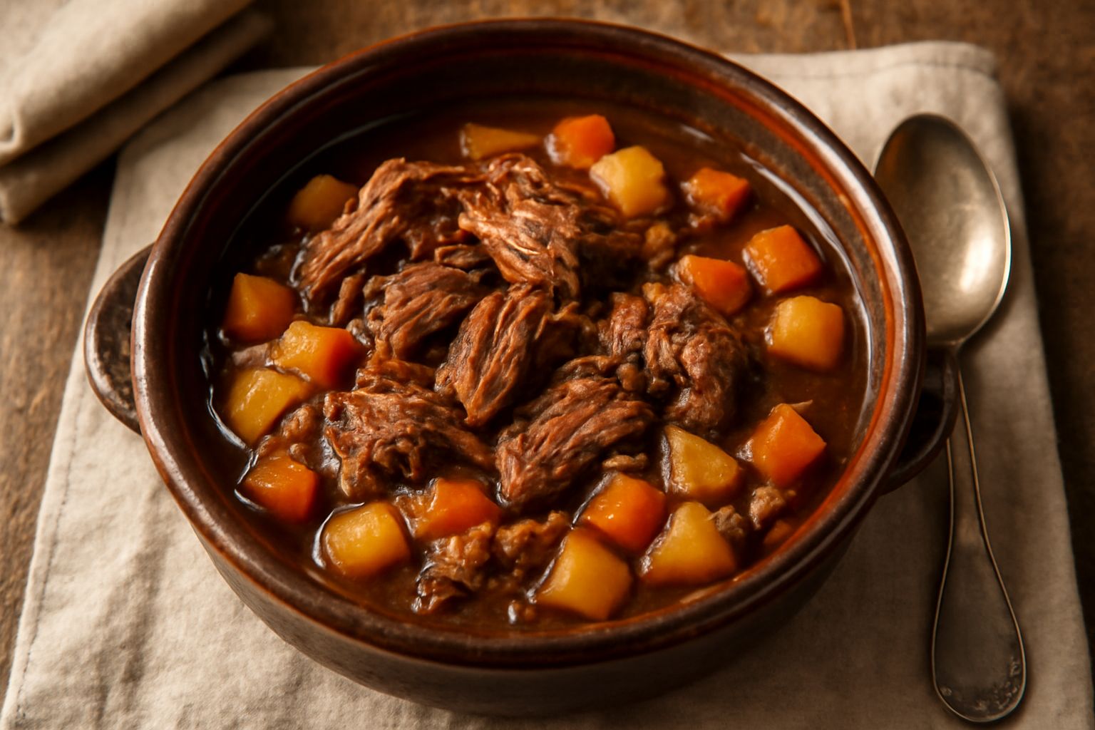 Casseruola di terracotta con carne marroncina tenera, cubetti di carota e patata giallastri, prezzemolo verde fresco in superficie, sugo ricco marrone scuro, vapore caldo sopra il piatto ancora fumant