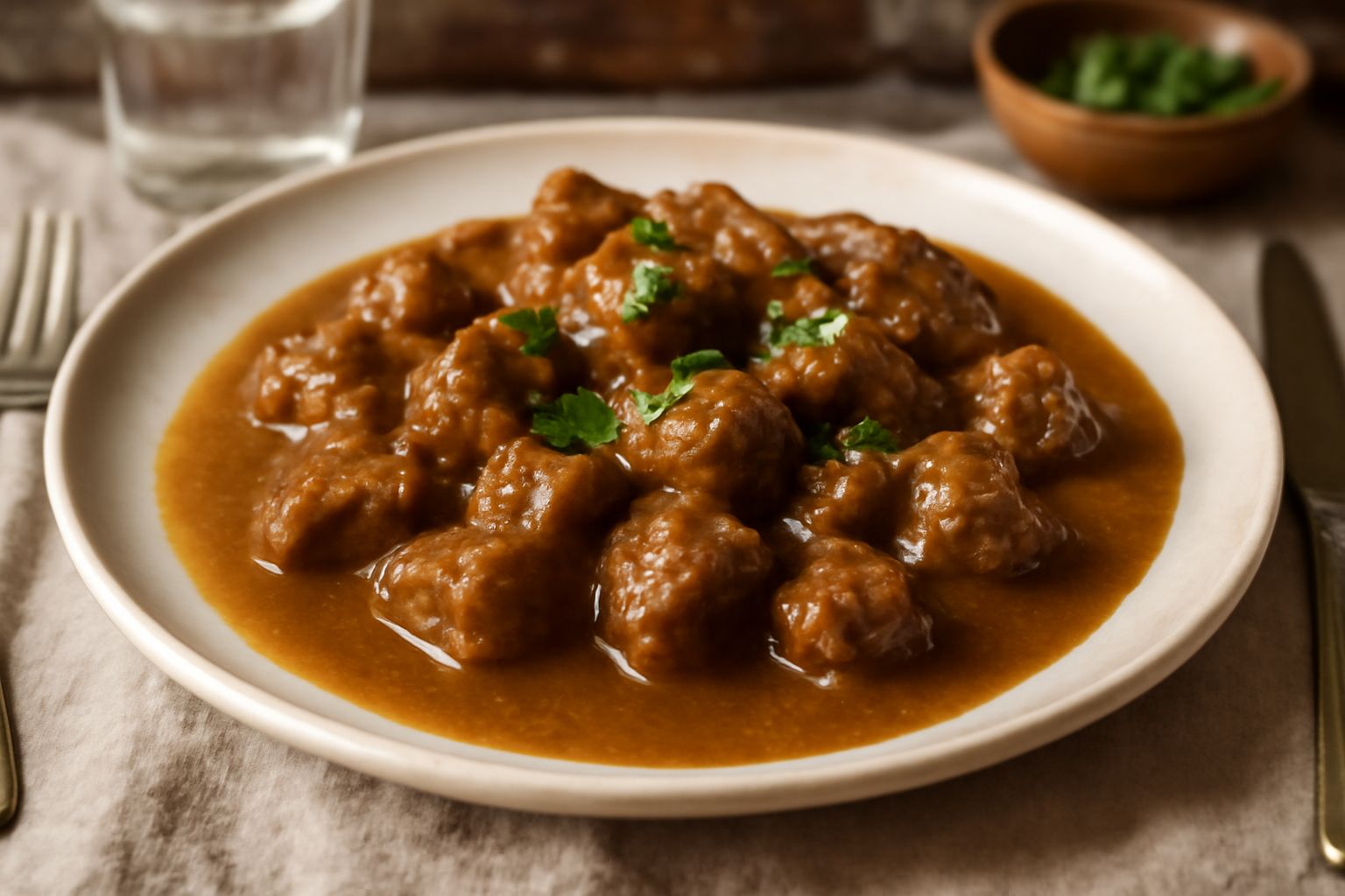 Piatto fondo bianco con pezzi di carne marrone scuro immersi in salsa color nocciola densa, decorato con prezzemolo fresco verde, accanto fette di pane tostato su sfondo di legno naturale