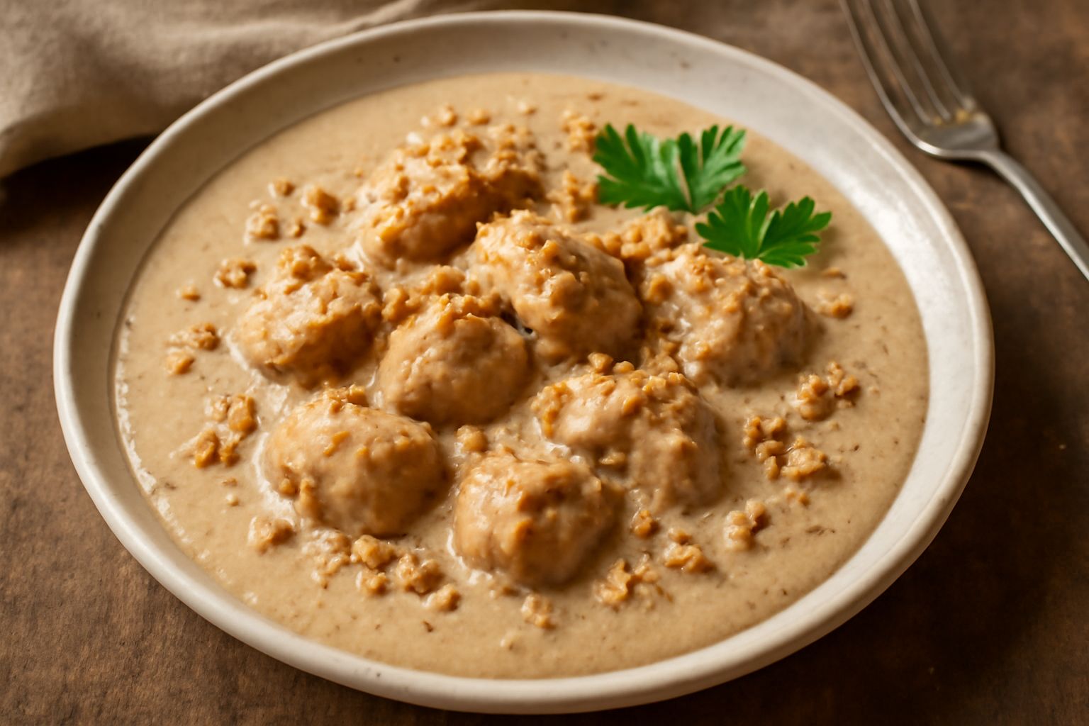 Bocconi di carne marrone dorata in una salsa color nocciola cremosa, guarniti con frammenti di noci tostate, serviti in un piatto bianco con contorno di verdure sfumate