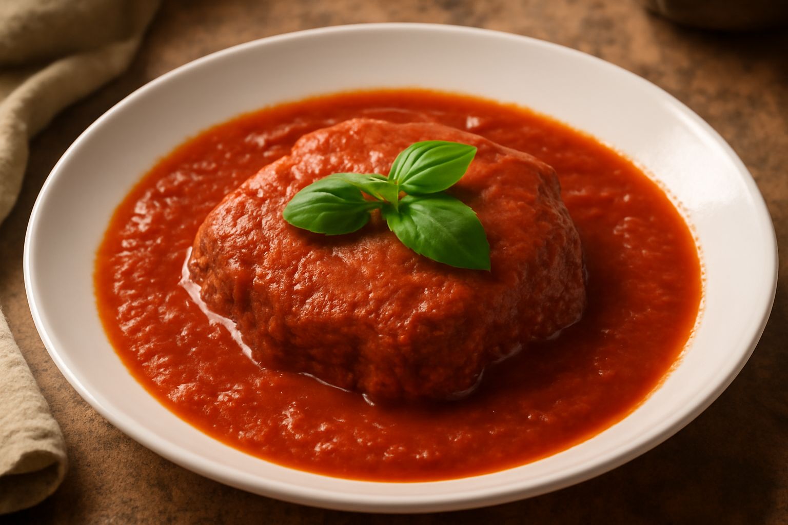 Carne in salsa di pomodoro servita in piatto bianco fondo, con pezzi di carne tenerissimi avvolti da salsa rosso scuro, garnita con basilico fresco, accanto pomodorini interi rossi accanto al bordo