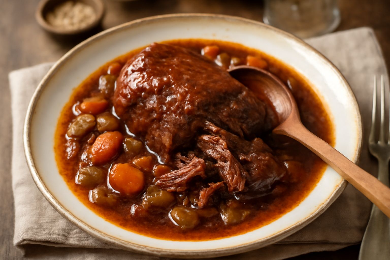 Carne in tecia in pentola di terracotta, manzo scuro e brillante nel sugo di vino rosso con verdure caramellate, carote e sedano visibili, vapore leggero dalla superficie