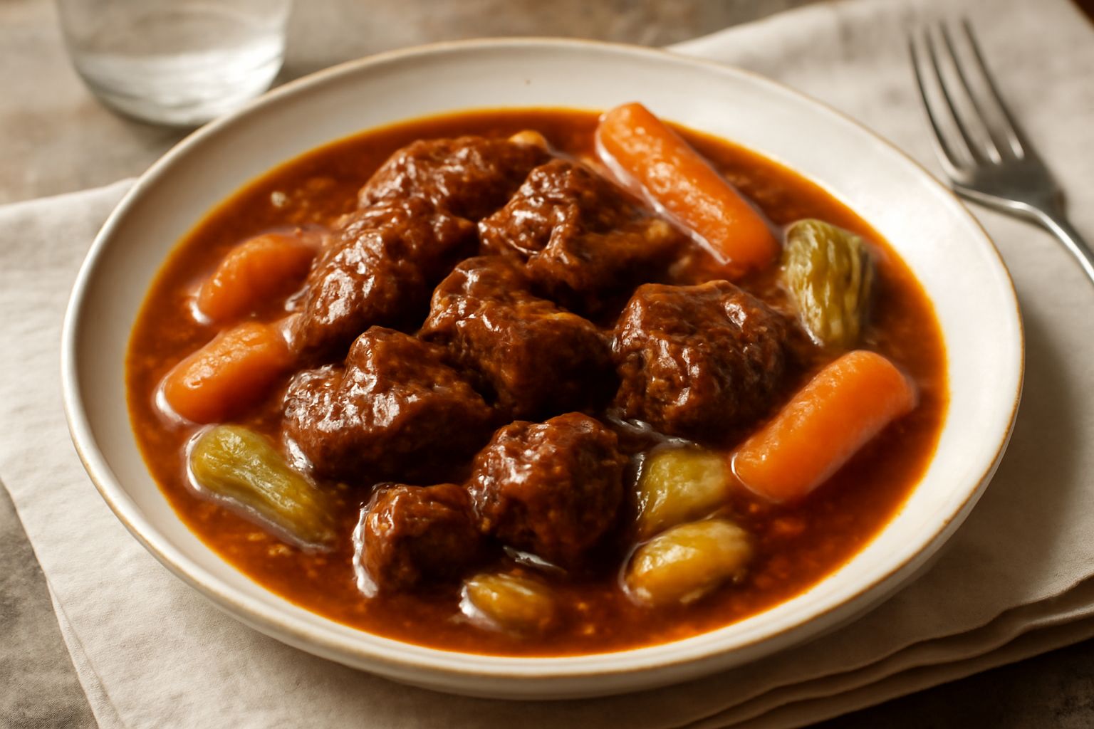 Carne in umido in una pentola di terracotta, di color marrone scuro, circondata da carote, sedano e cipolle morbide, con brodo ricco e lucido, servita in un piatto fondo bianco con contorno di patate 