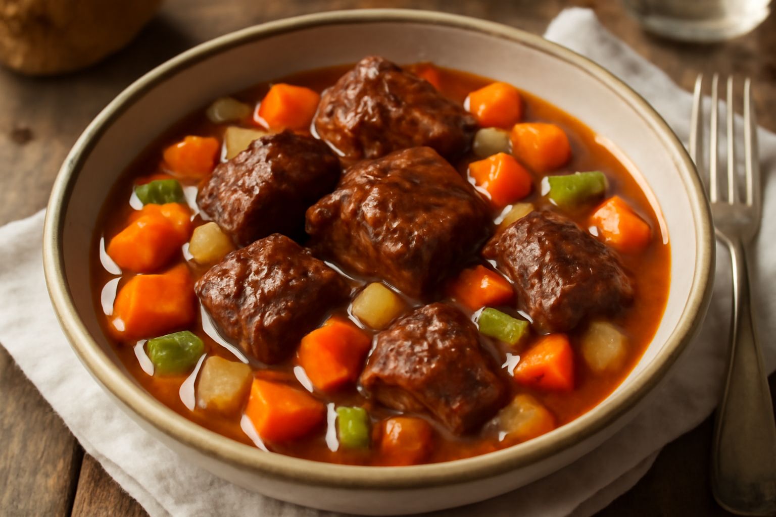 Pentola in ghisa con carne marrone scuro affumicata, carote tagliate a pezzi, sedano bianco e cipolle dorate, brodo trasparente che ricopre il tutto, prezzemolo fresco verde sopra il bordo