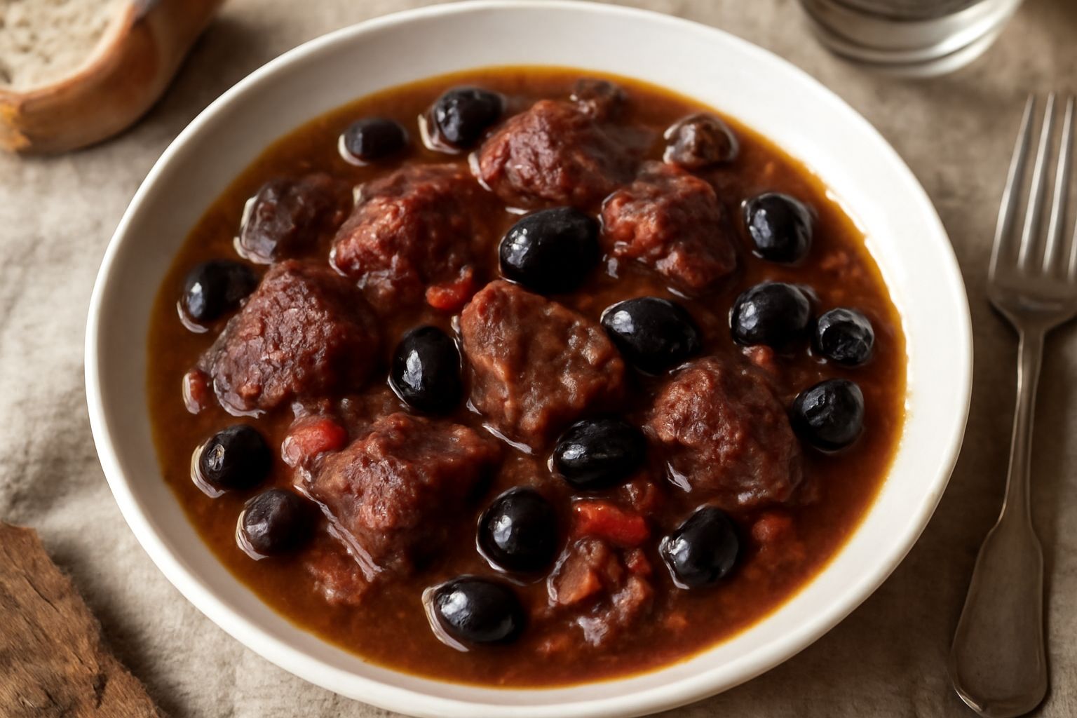 Piatto fondo di carne in umido con olive nere, cubetti di pomodoro rosso, cipolla dorata e brodo scuro, contornato da fette di pane tostato.