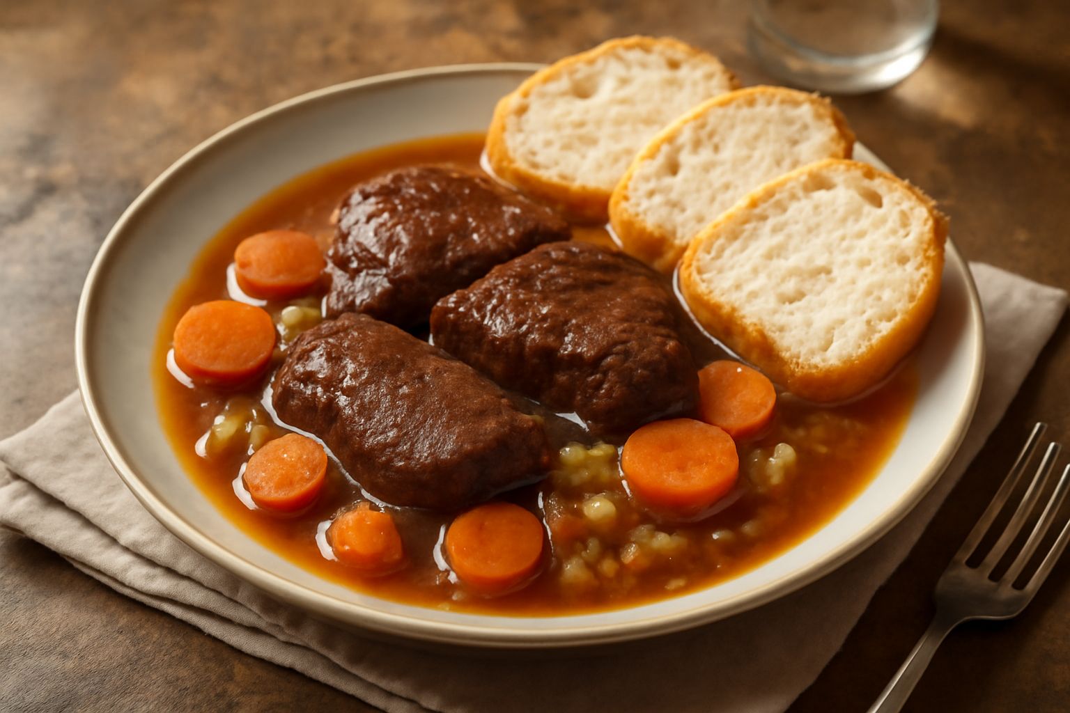 Piatto fondo bianco con carne scura affettata in pezzi medi, circondati da brodo color ambra, carote arancioni tagliate a rondelle, cipolle dorate e sedano trasparente. A lato una fetta di pane tostat