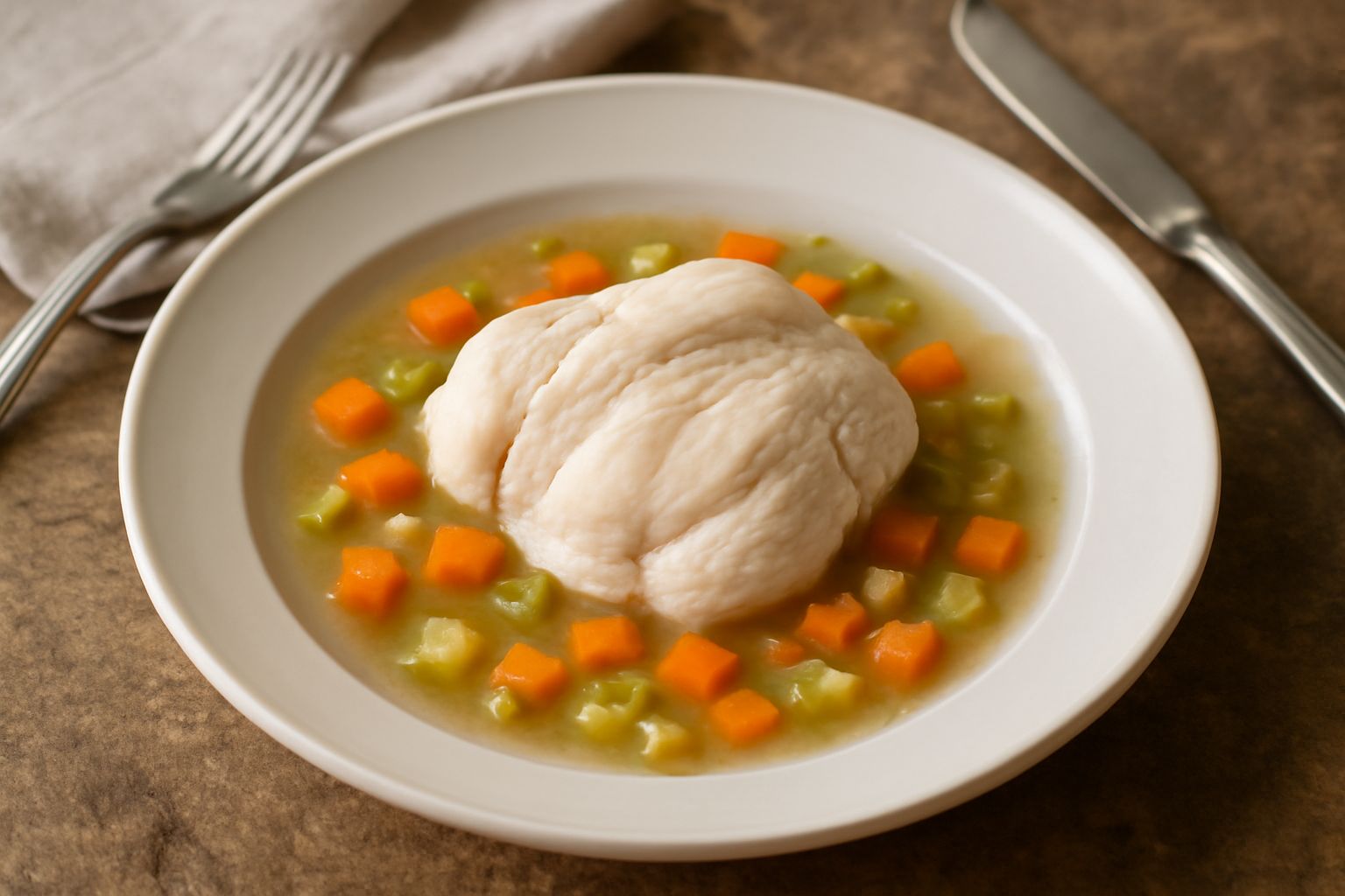 Carne bianca cotta in umido in un piatto bianco, coperta di brodo trasparente con dadini di carota arancione e sedano, accompagnata da patate morbide; guarnizione di prezzemolo fresco verde