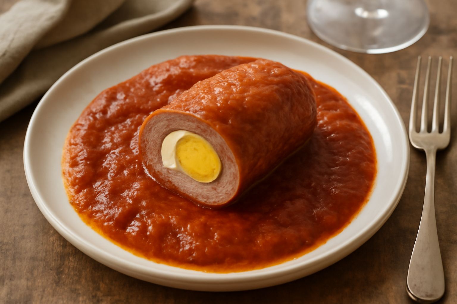 Fette di carne 'ncartata in umido, rotoli ben compatti avvolti da spago, adagiati in un piatto fondo con sugo di pomodoro rosso scuro, contorno di prezzemolo fresco tritato
