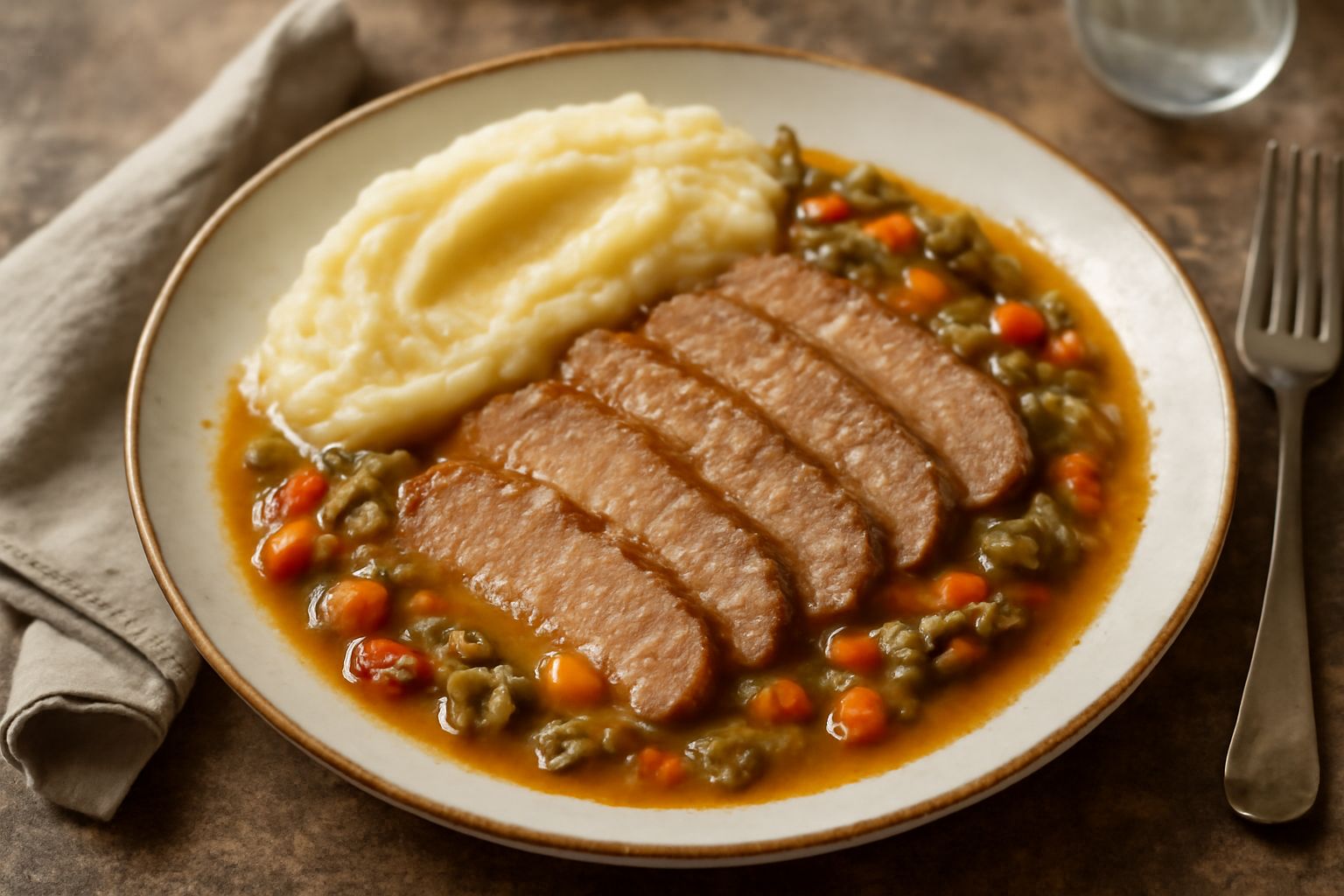 Fette di carne riggata cotte, dorate e morbide in umido su piatto bianco, accompagnate da verdure in salsa e contorno di patate
