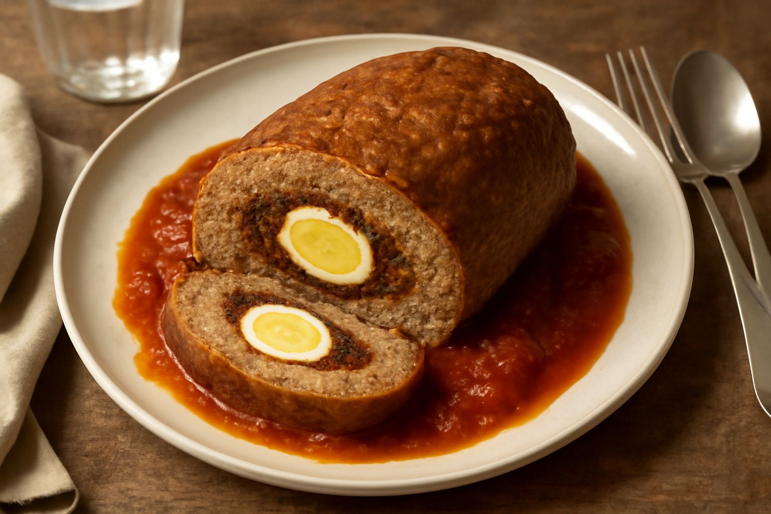 Polpettone ripieno di ragù e uova sode tagliato a fette su piatto bianco, con ragù rosso che tracima dai bordi, contorno di verdure di stagione leggermente appassite
