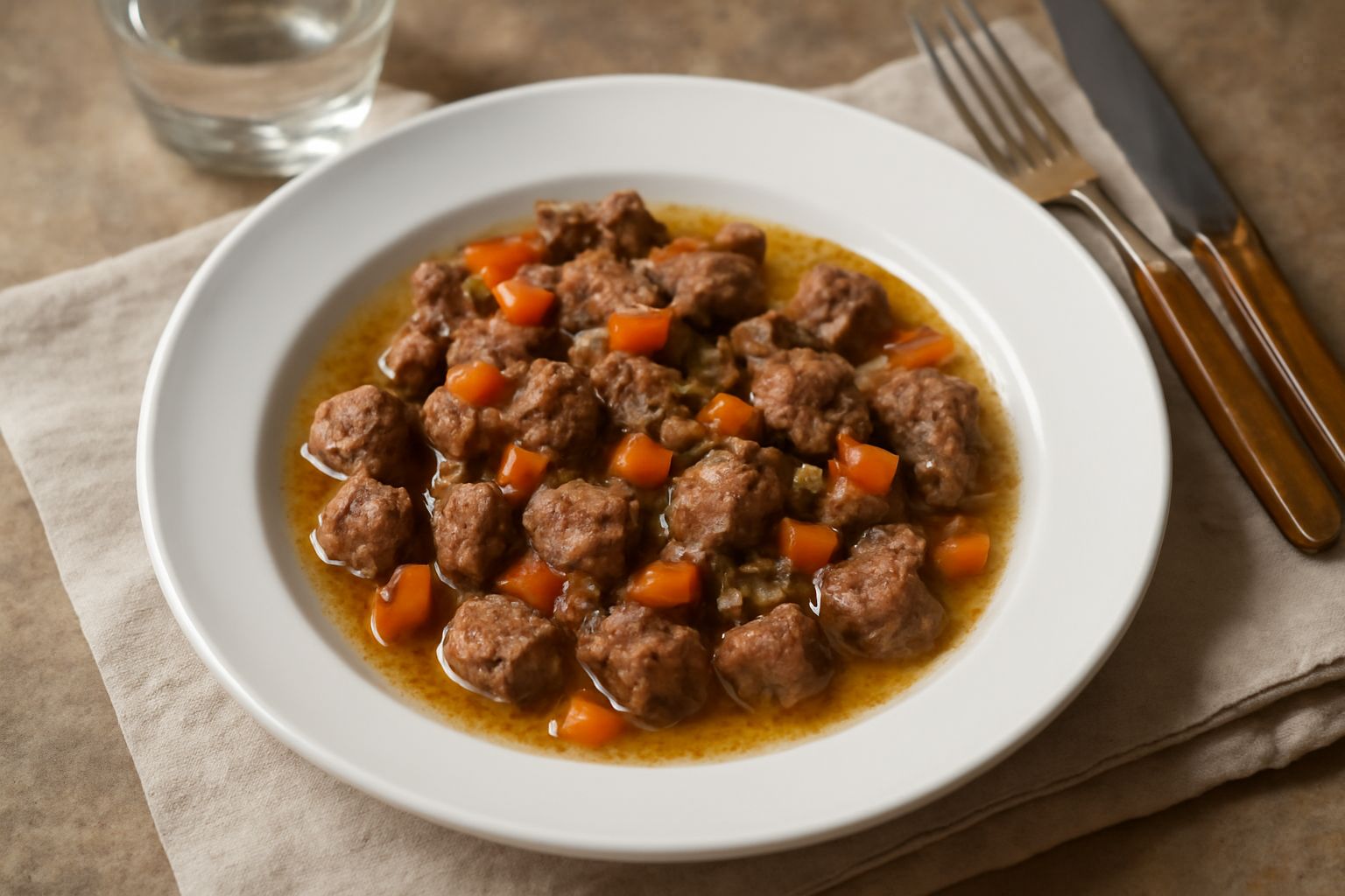 Carne ripassata dorata saltata in padella, dadini di carne marrone e tenera, con carote e sedano rosolati, brodo leggermente ristretto, servita in piatto bianco con fondo di salsa