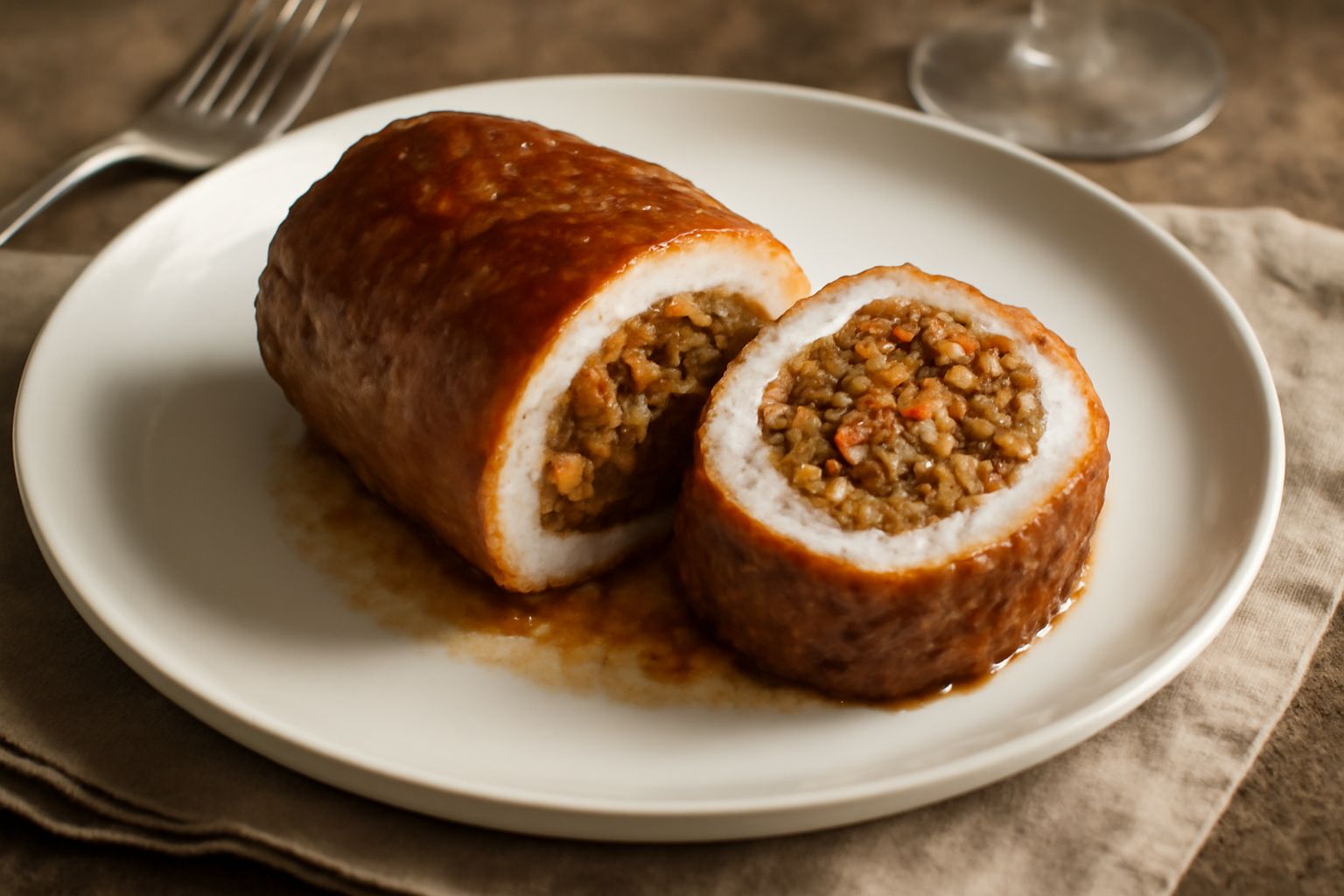 Fettina di carne ripiena di ragù e formaggio, dorata in superficie, servita su piatto bianco con contorno di verdure rosse e verdi