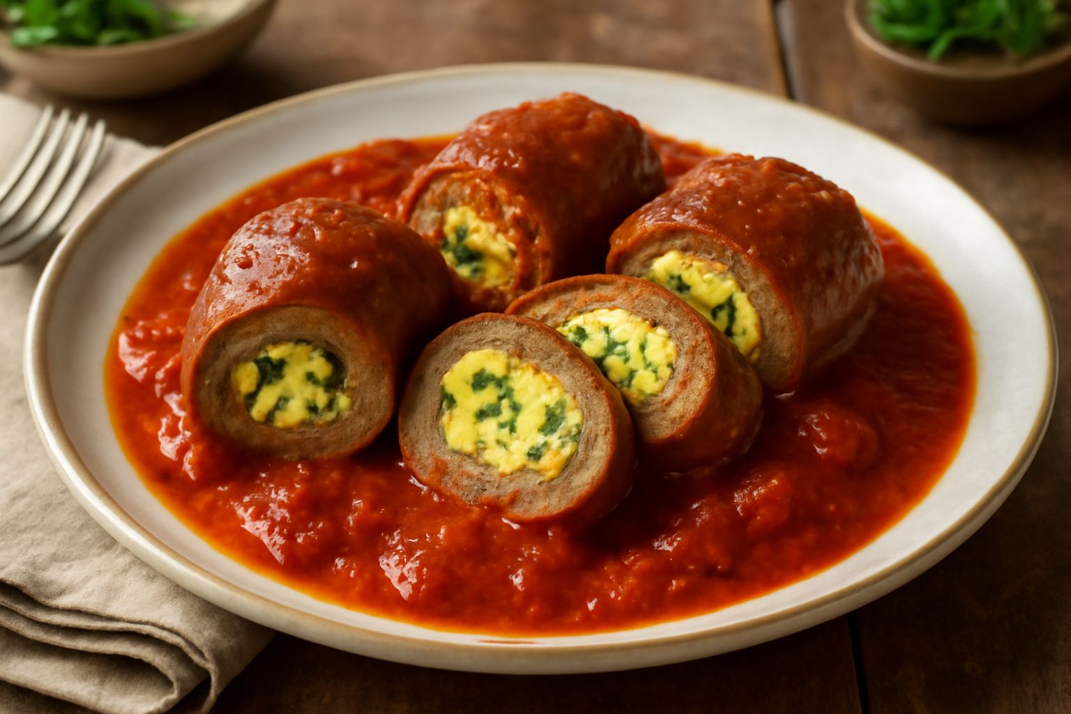 Fetta di carne ripiena alla pugliese su piatto bianco, con sugo di pomodoro rosso scuro, ripieno di uova gialle e formaggio visibile al taglio, contornata da prezzemolo fresco verde